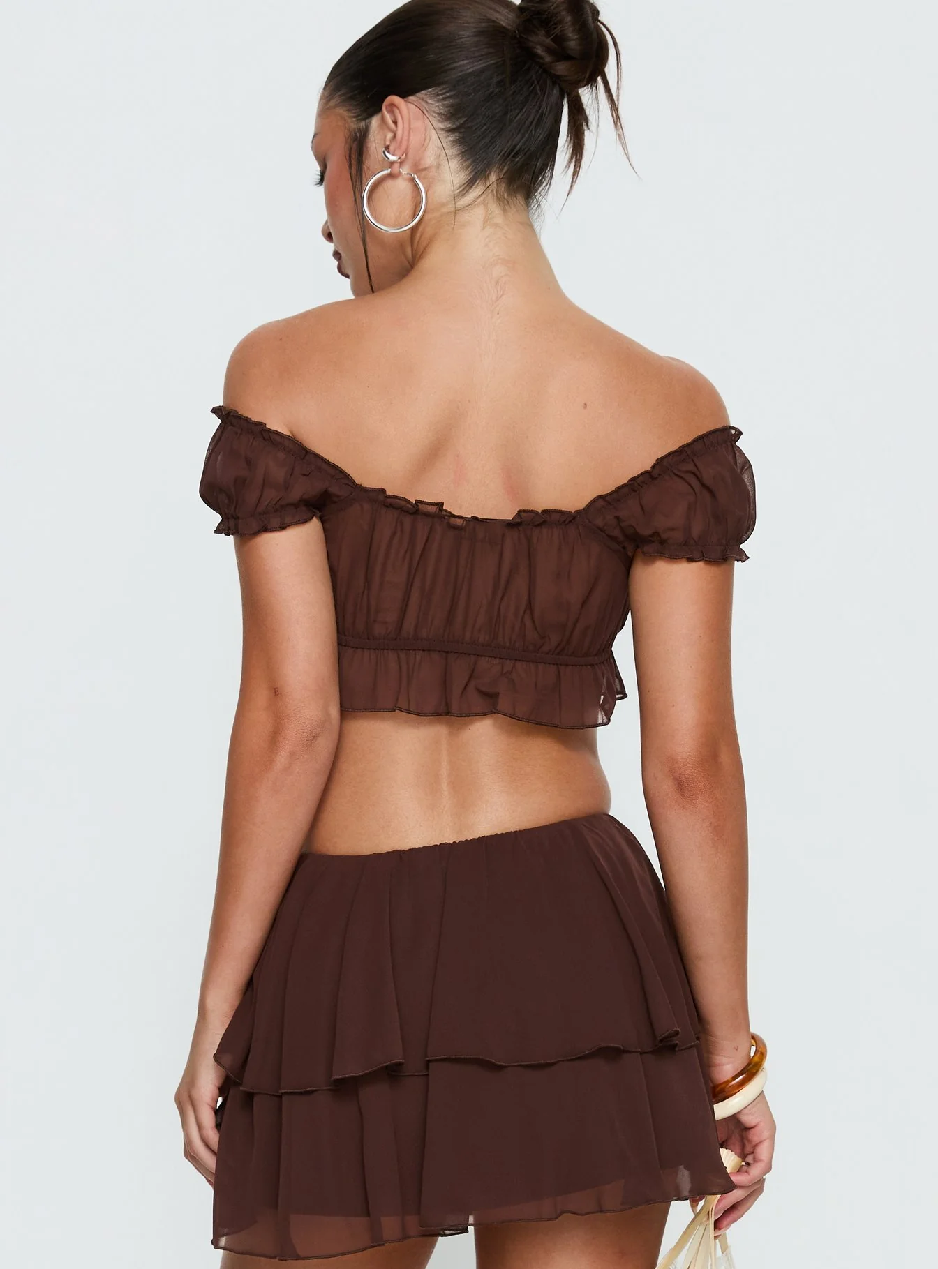 Ackee Ruched Off Shoulder Top Brown - Image 5