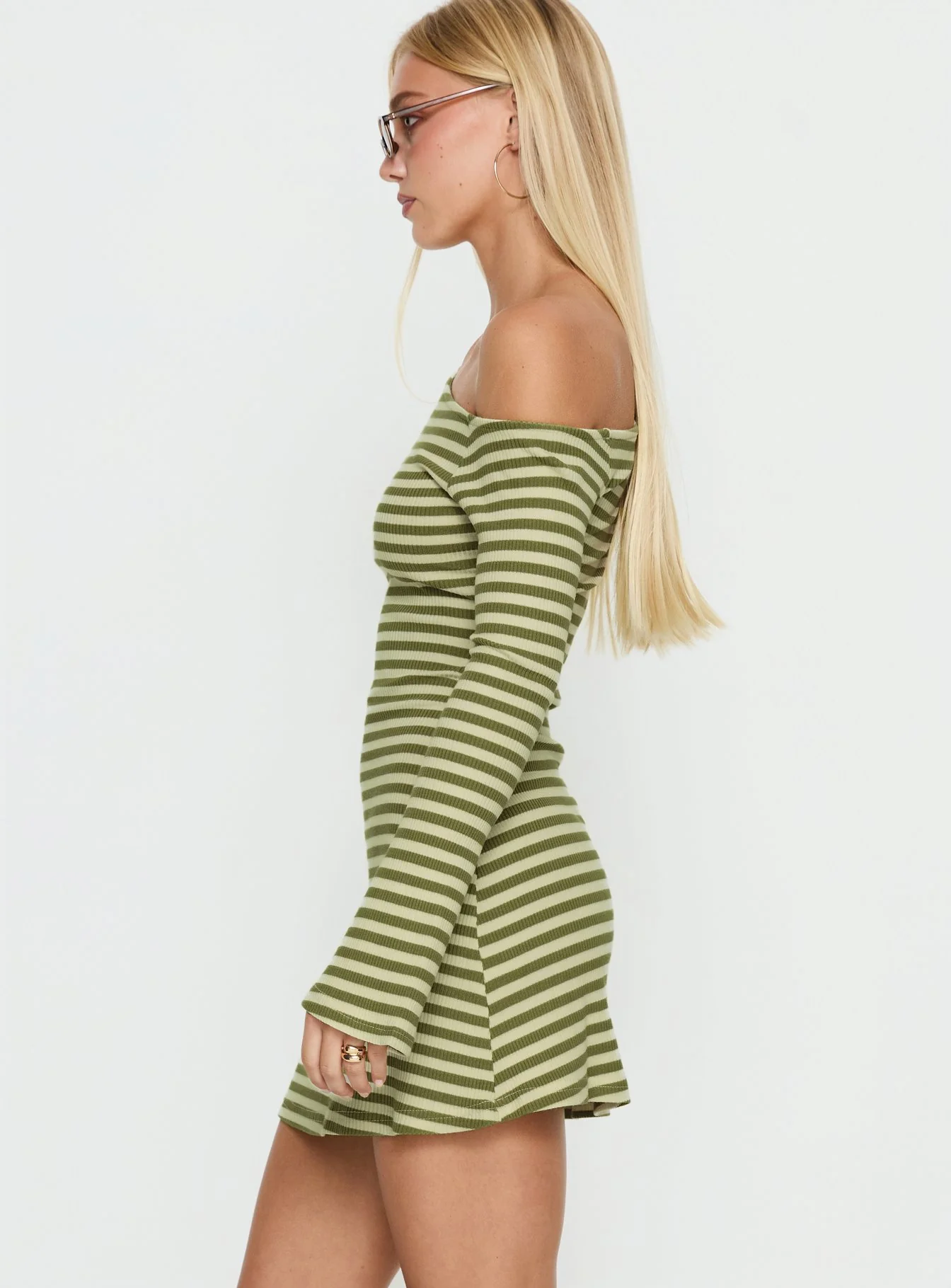 Adrietta Long Sleeve Off Shoulder Mini Dress Cream / Matcha Stripe - Image 3