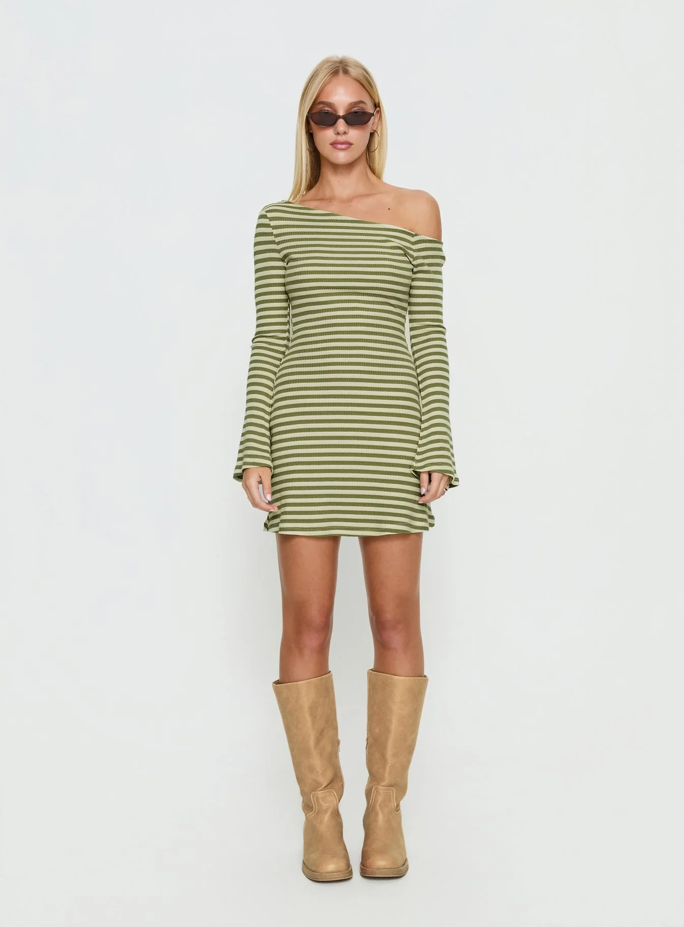 Adrietta Long Sleeve Off Shoulder Mini Dress Cream / Matcha Stripe - Image 6