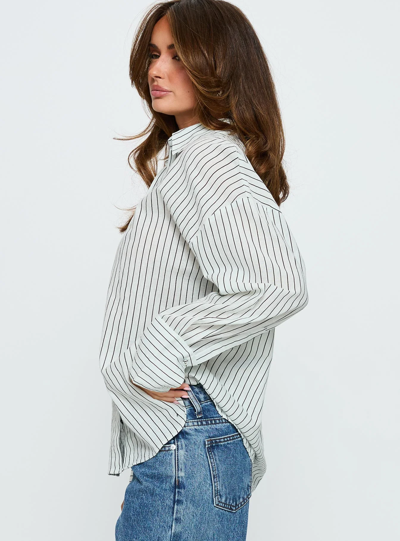 Alexi Long Sleeve Button Down Top Blue / Brown Stripe - Image 3
