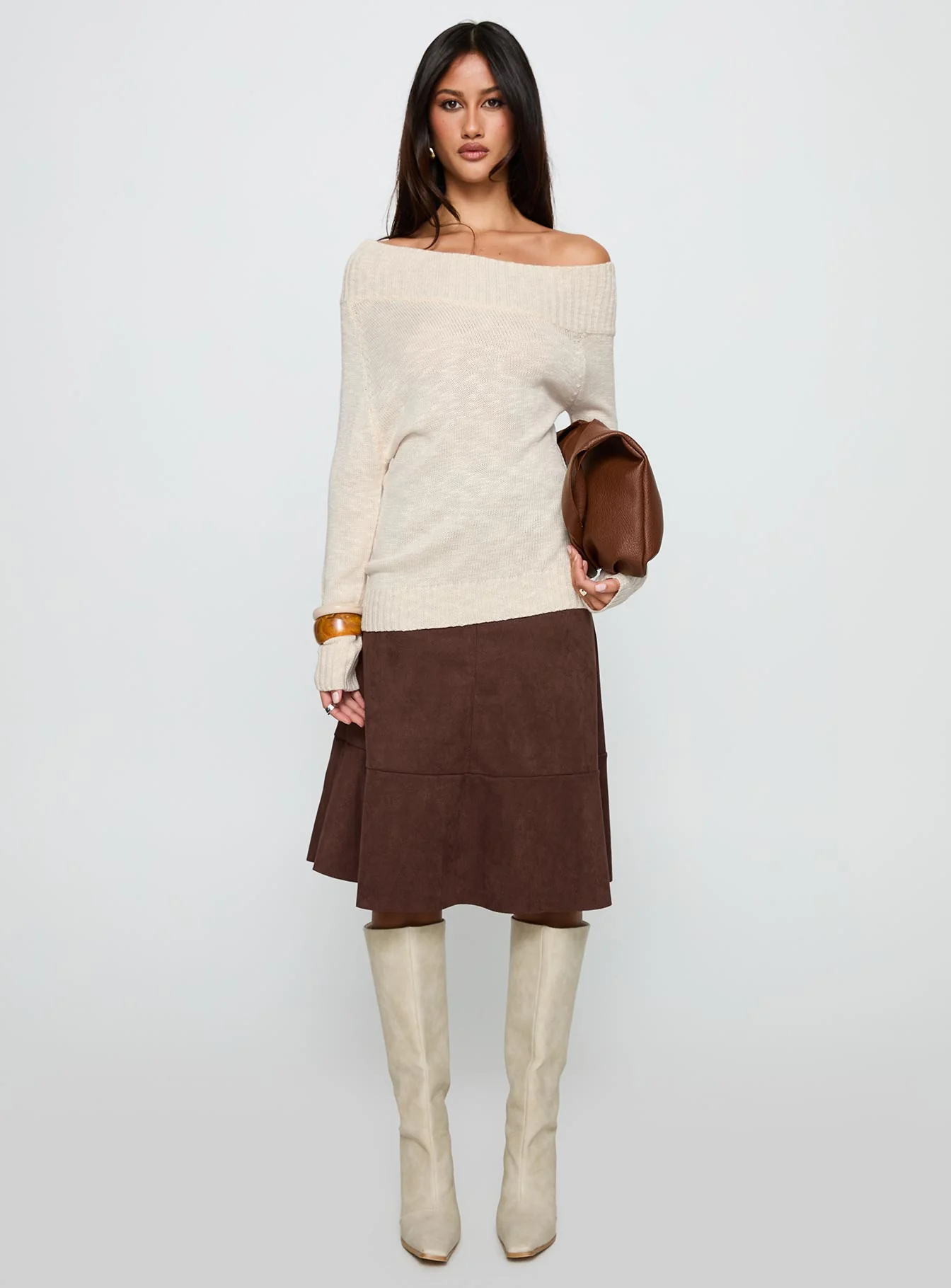 Alyxandra Off Shoulder Knit Sweater Beige - Image 7