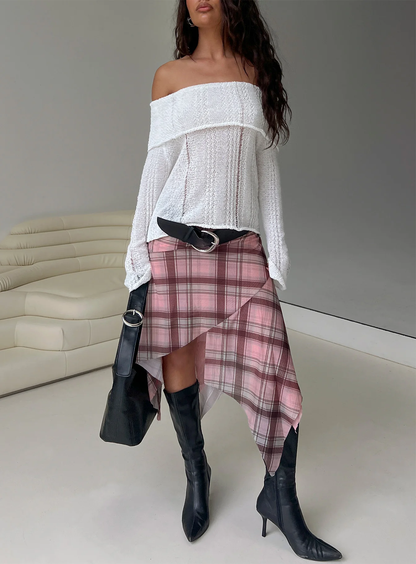 Anali Asymmetrical Midi Skirt Pink / Multi Check - Image 8