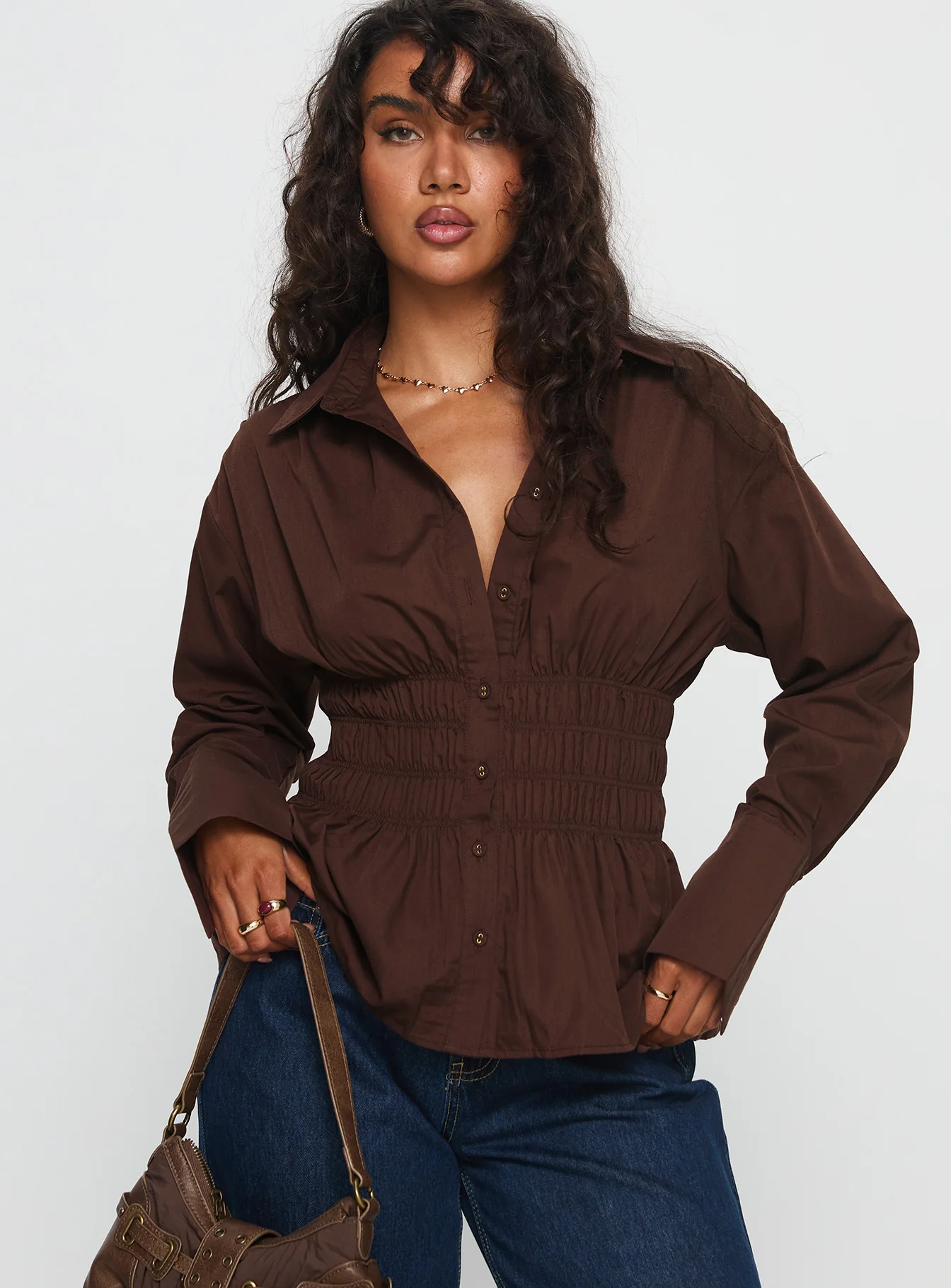 As You Are Shirred Button Up Top Chocolate - Image 3