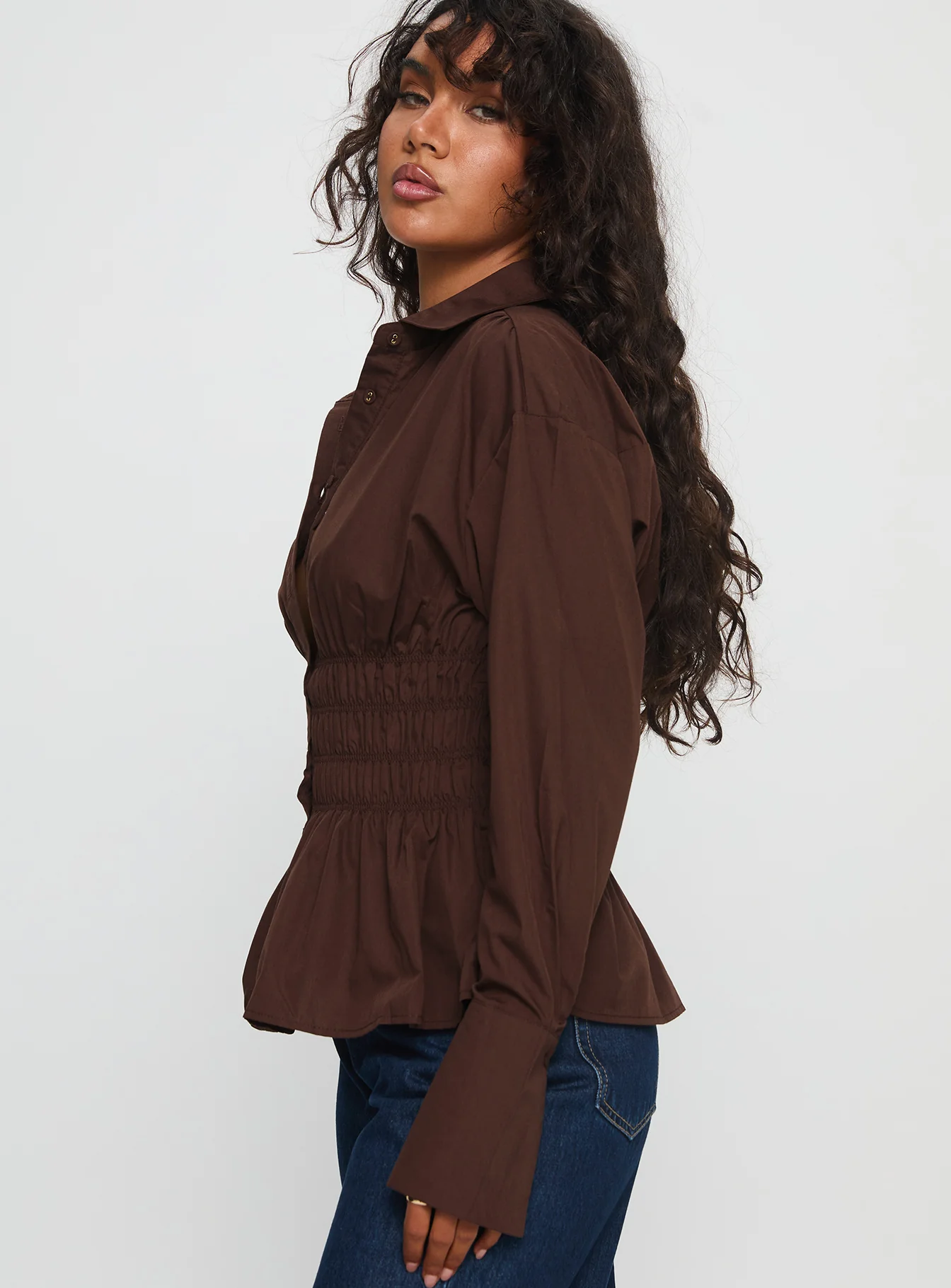 As You Are Shirred Button Up Top Chocolate - Image 5
