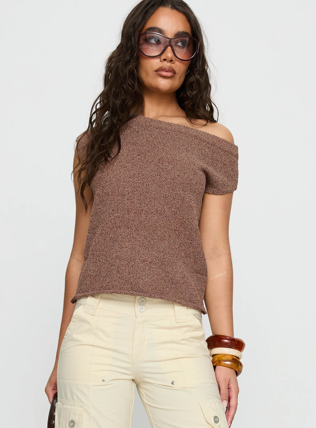 Ashfield Off Shoulder Top Brown - Image 2