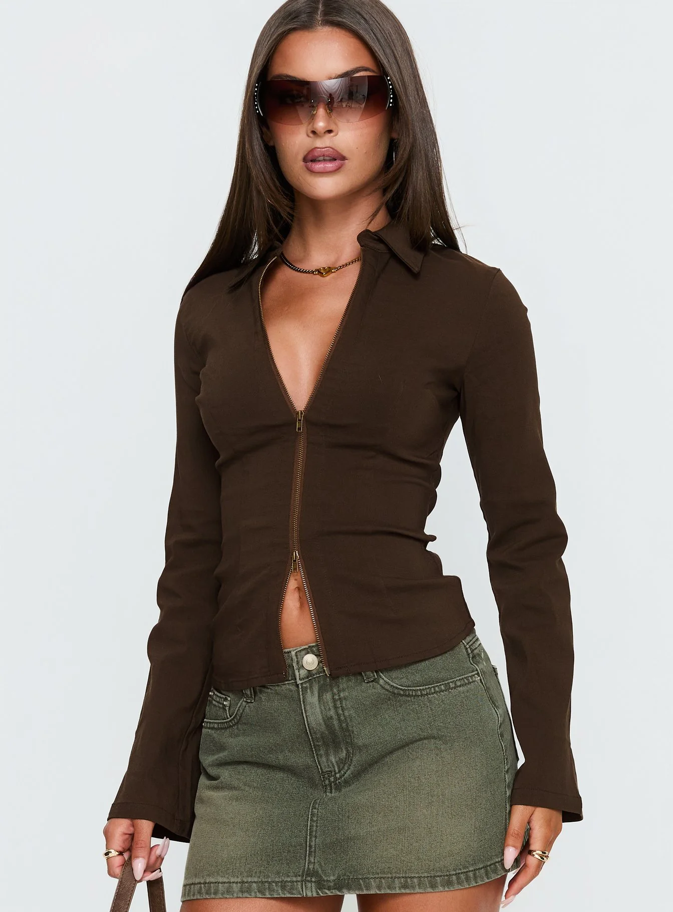 Aviela Zip Up Long Sleeve Top Brown - Image 2
