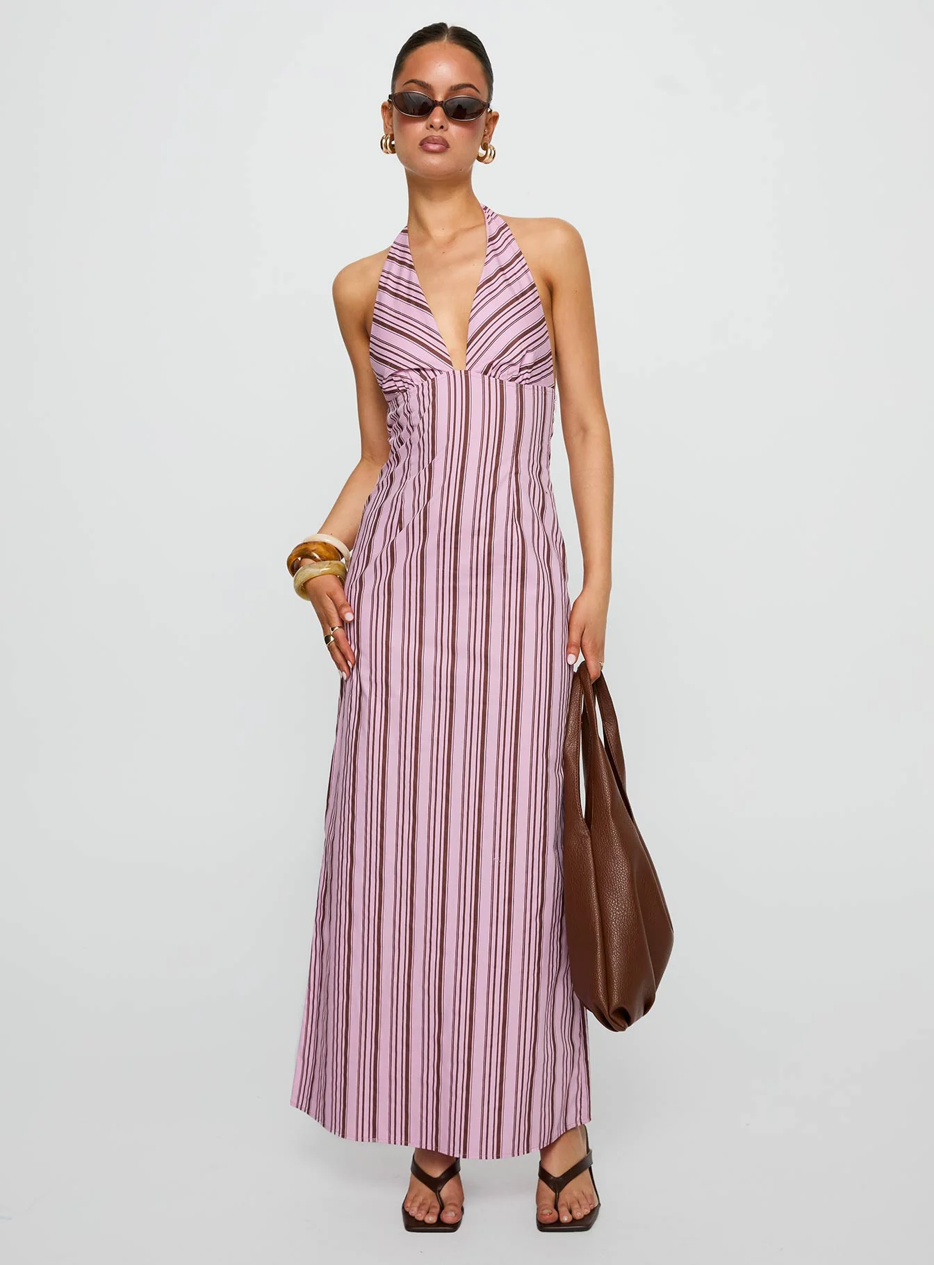 Avrie Halter Maxi Dress Pink / Brown Stripe - Image 3