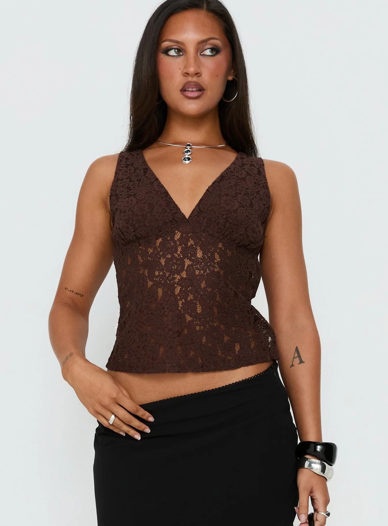 Aydinn Lace Plunge Neck Top Brown - Image 2