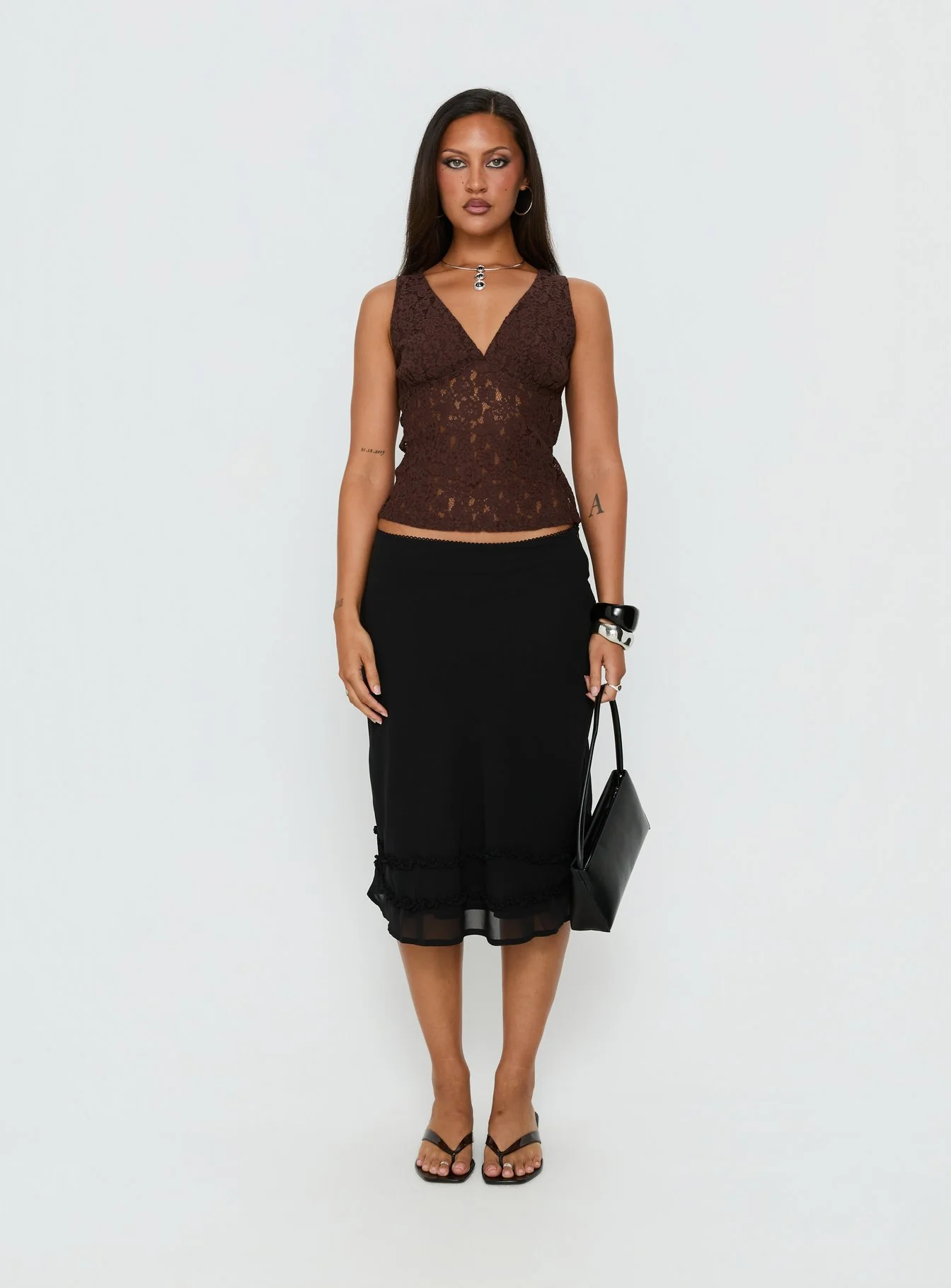 Aydinn Lace Plunge Neck Top Brown - Image 7