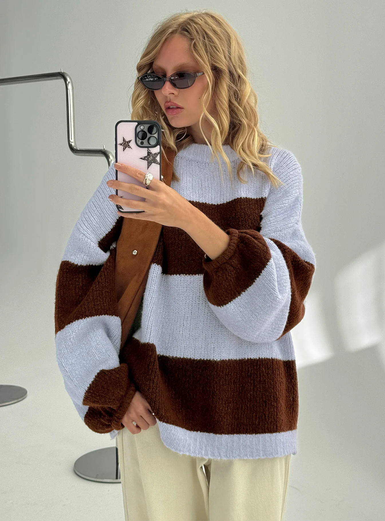 Bastien Crew Neck Knit Sweater Blue / Chocolate Stripe