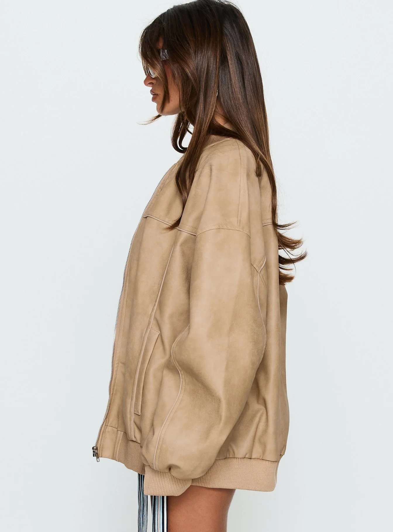 Believe It Faux Leather Bomber Jacket Washed Stone - Image 4