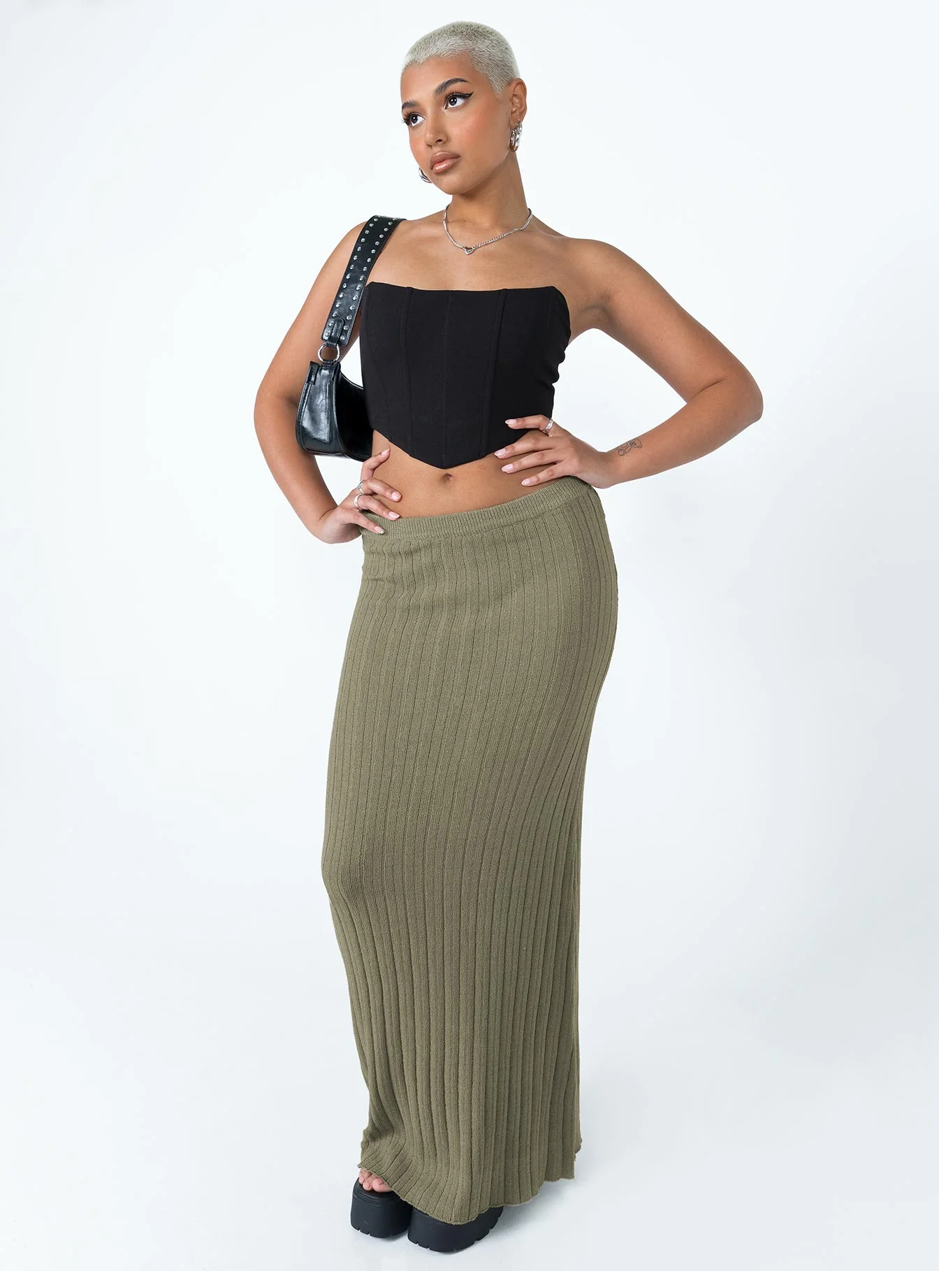Belle Knit Maxi Skirt Khaki - Image 3