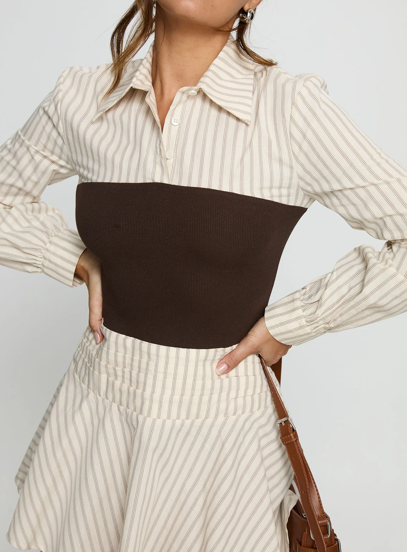 Belva Long Sleeve Corset Shirt Mini Dress Brown Stripe - Image 6