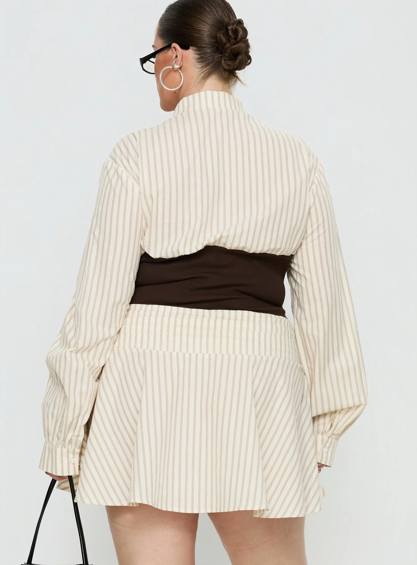 Belva Long Sleeve Corset Shirt Mini Dress Brown Stripe Curve - Image 5