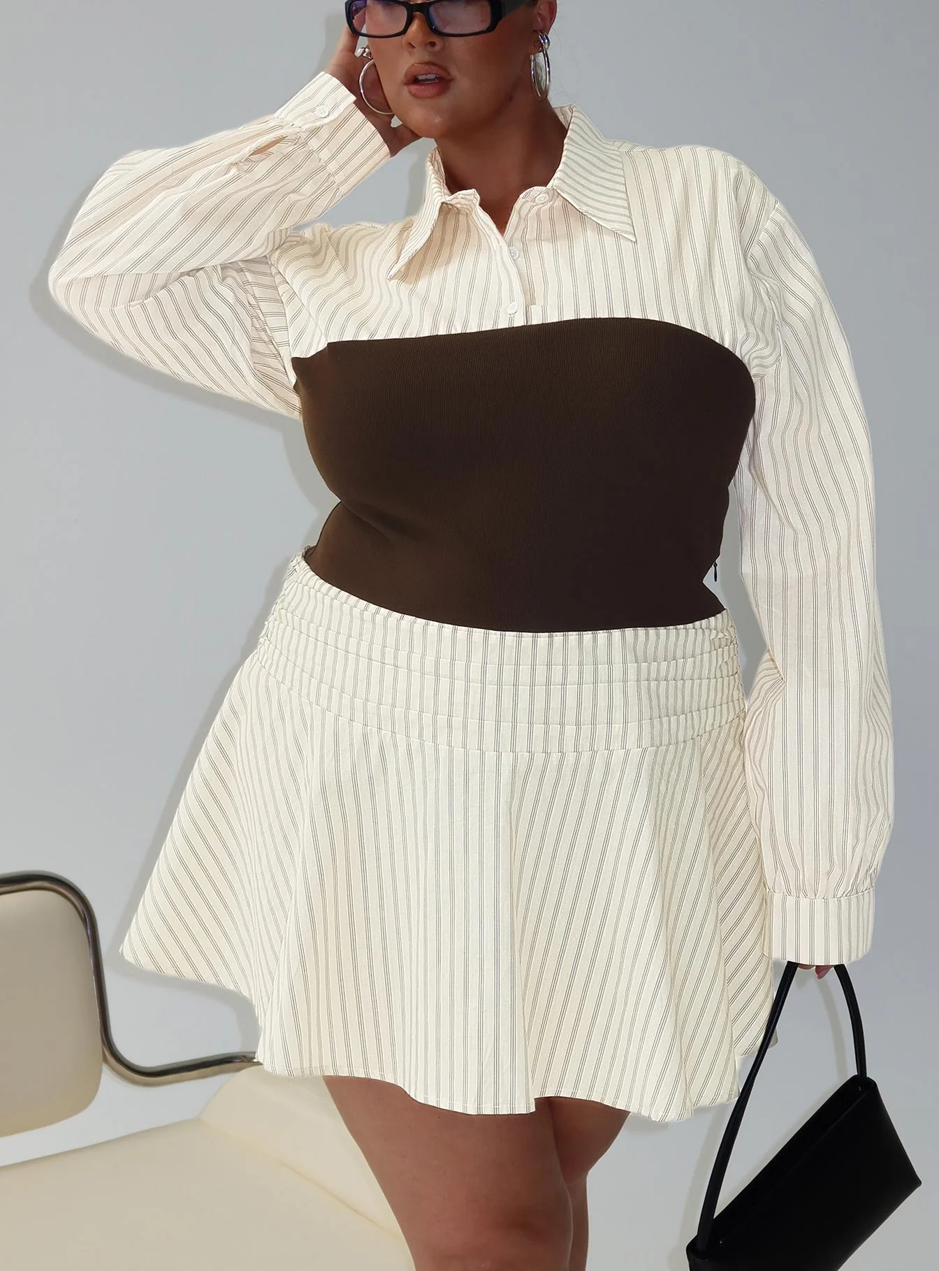 Belva Long Sleeve Corset Shirt Mini Dress Brown Stripe Curve - Image 8