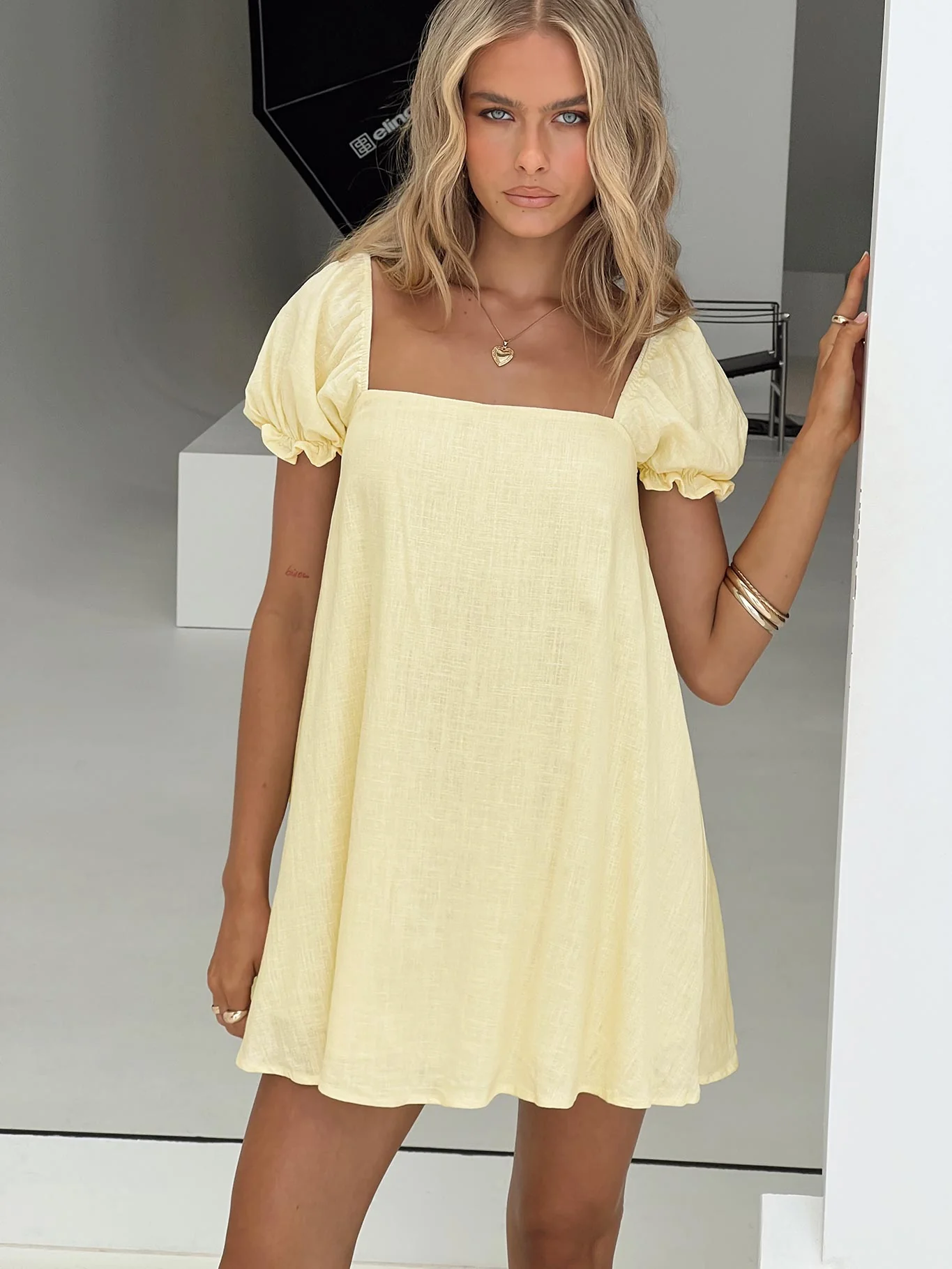 Beyond Linen Blend Mini Dress Yellow - Image 8
