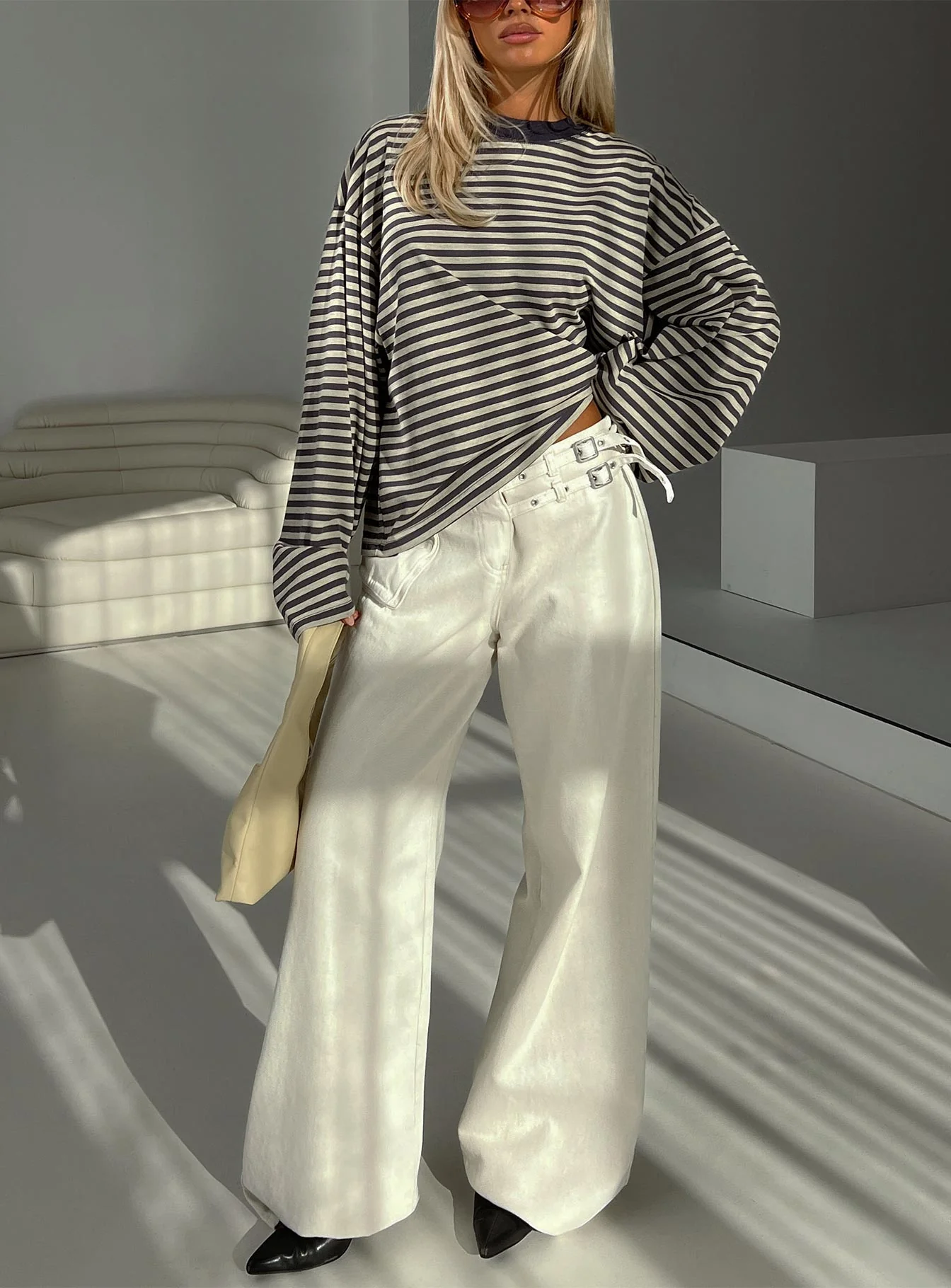 Bloom Long Sleeve Top Beige Stripe - Image 8