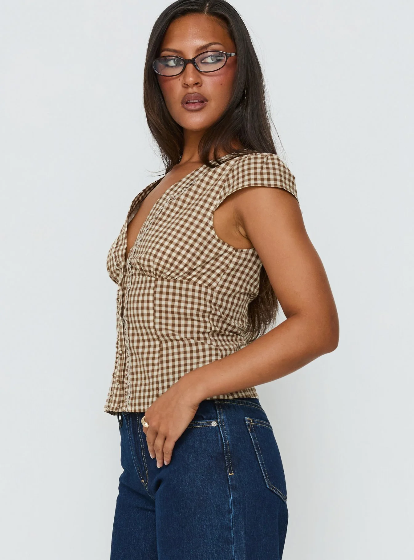Bradlie Frill Detail Short Sleeve Blouse Top Chocolate Gingham - Image 4