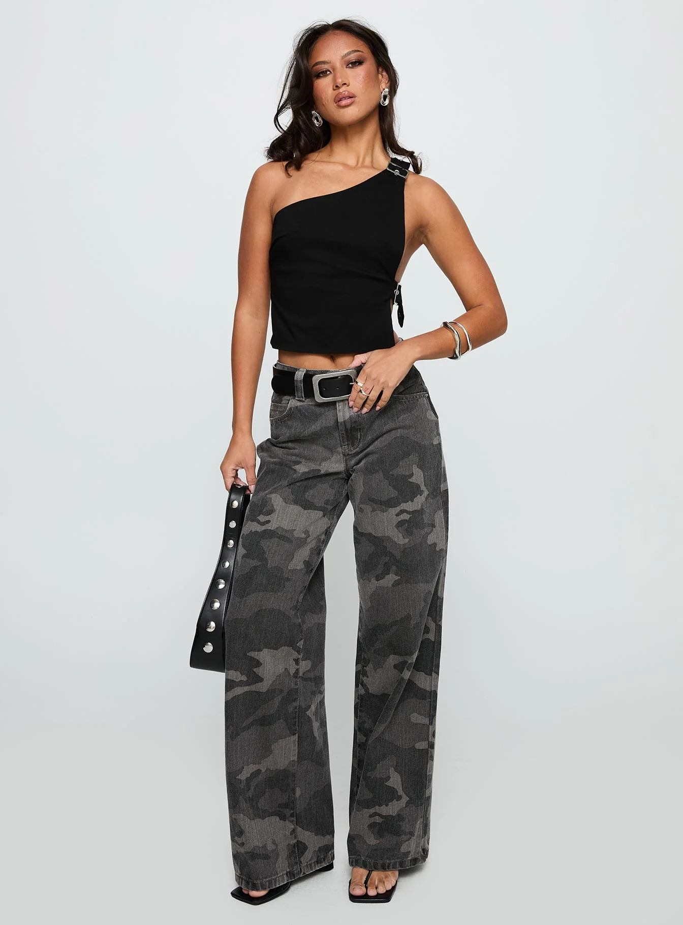 Buckled Down One Shoulder Top Black - Image 3