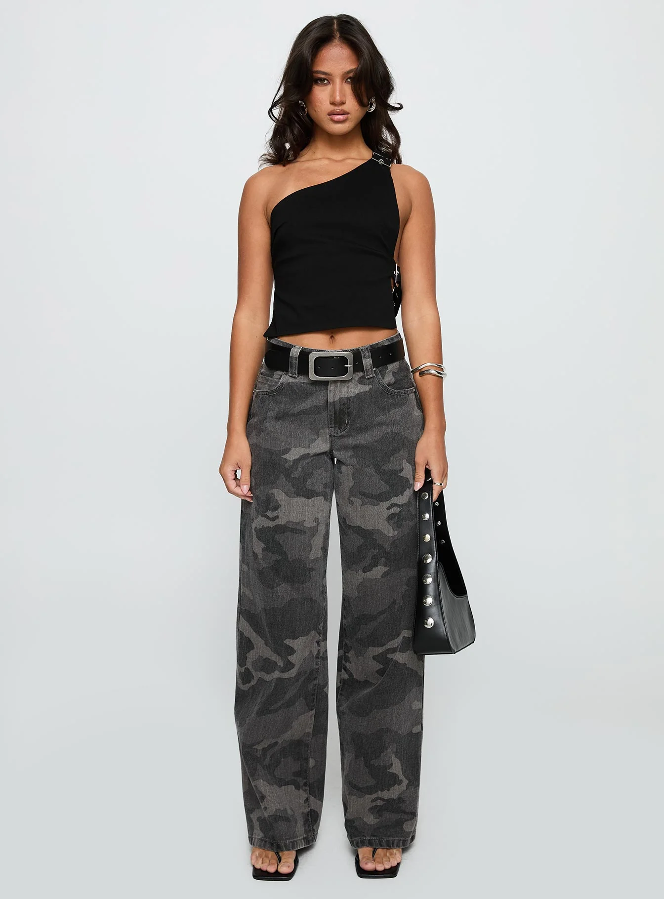 Buckled Down One Shoulder Top Black - Image 7