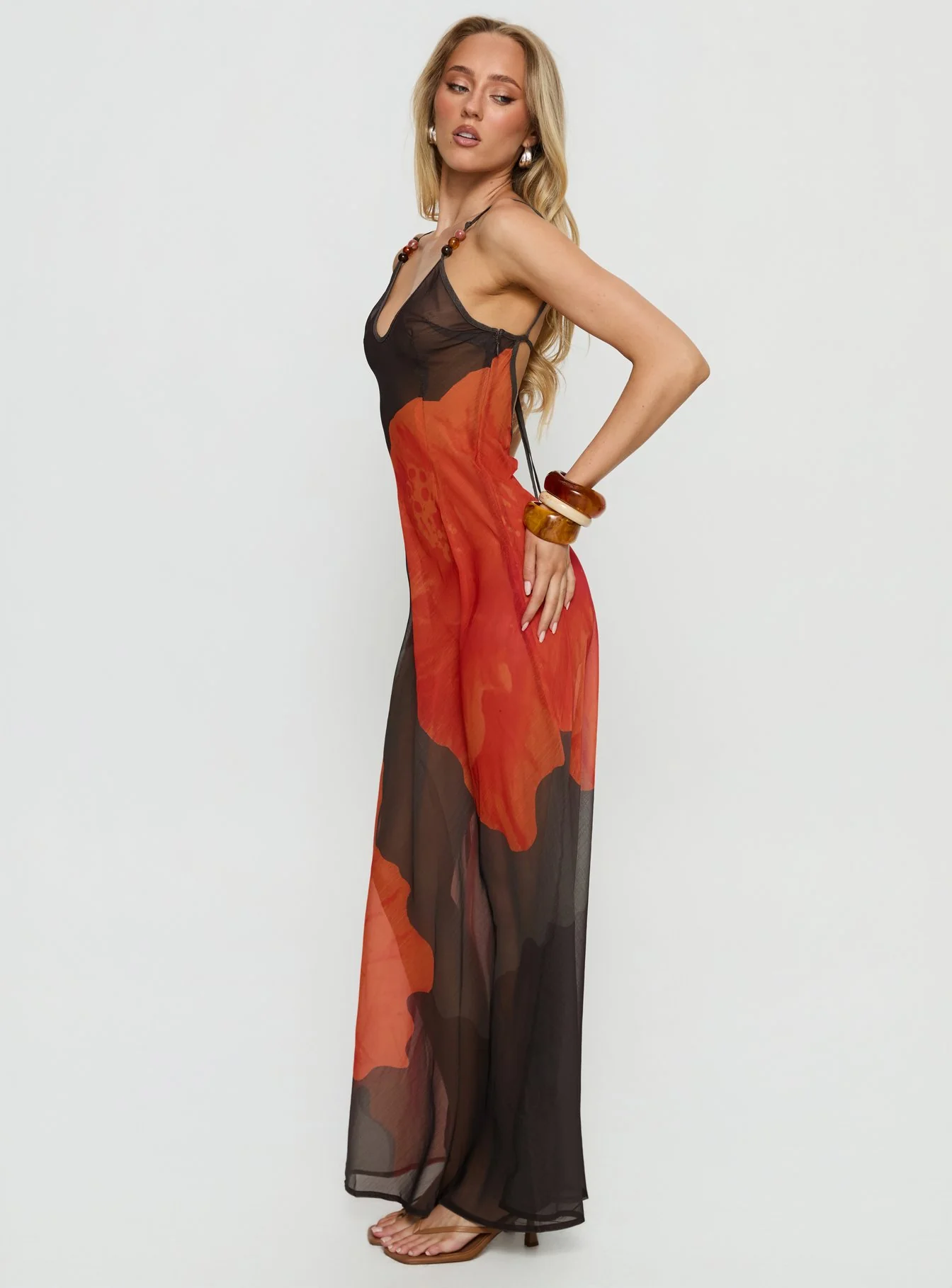 Carita Sheer Chiffon Maxi Dress Brown / Orange Floral - Image 4