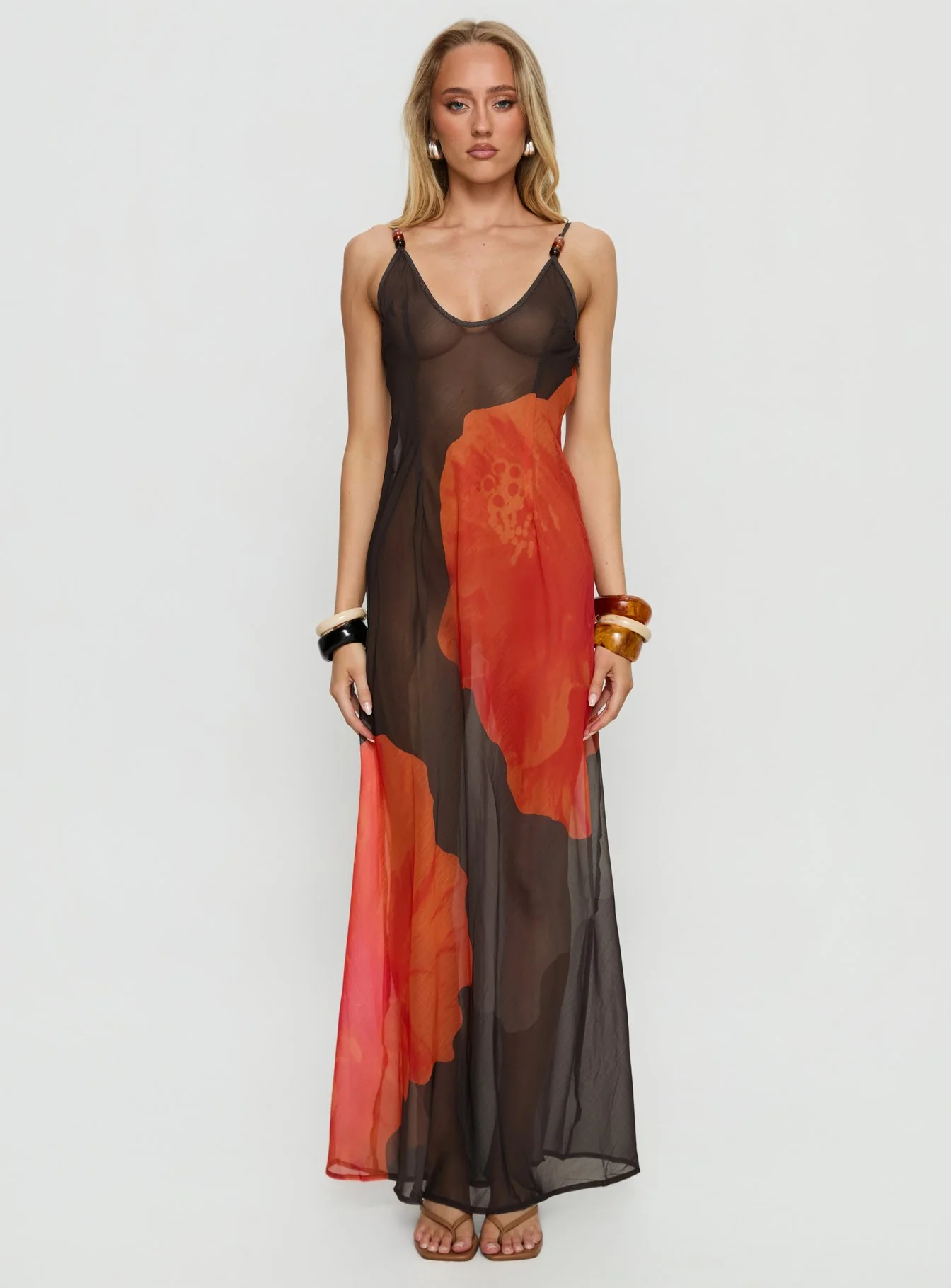 Carita Sheer Chiffon Maxi Dress Brown / Orange Floral - Image 7