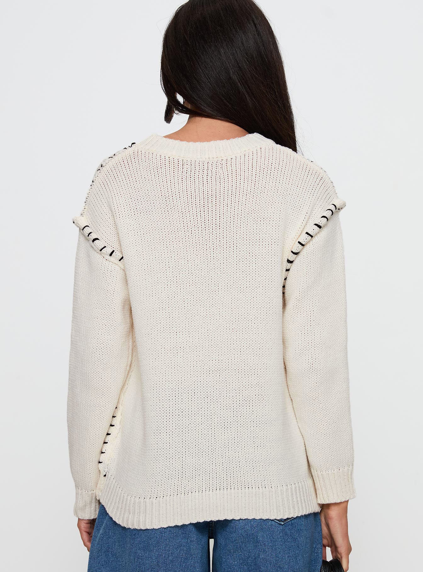 Change The Weather Contrast Stitch Knit Sweater Cream - Image 4