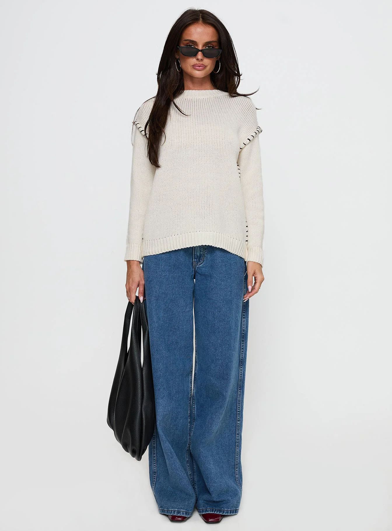 Change The Weather Contrast Stitch Knit Sweater Cream - Image 6