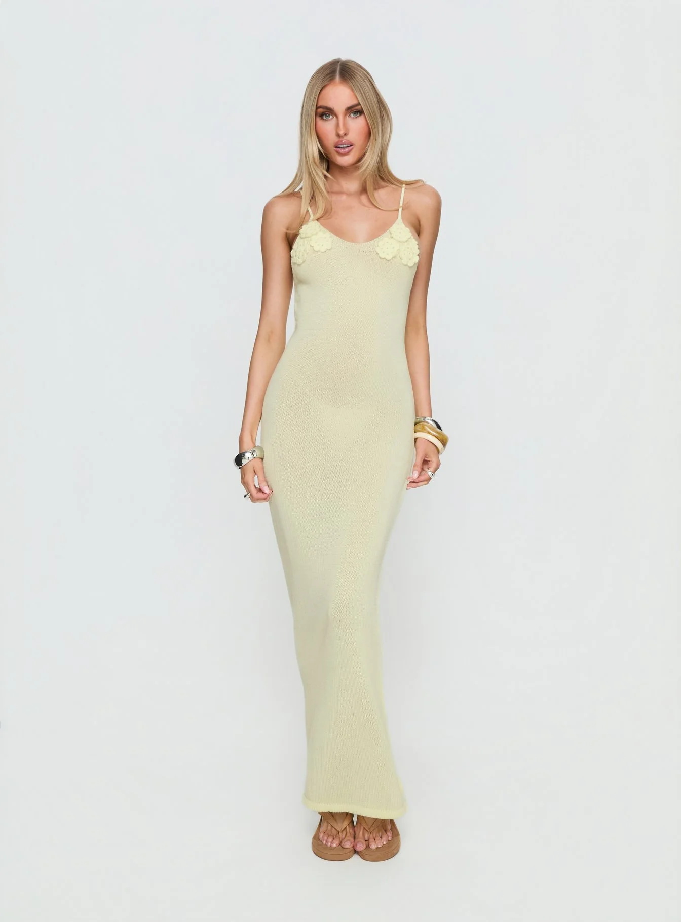 Cinderella Knit Floral Detail Maxi Dress Lemon Yellow - Image 2