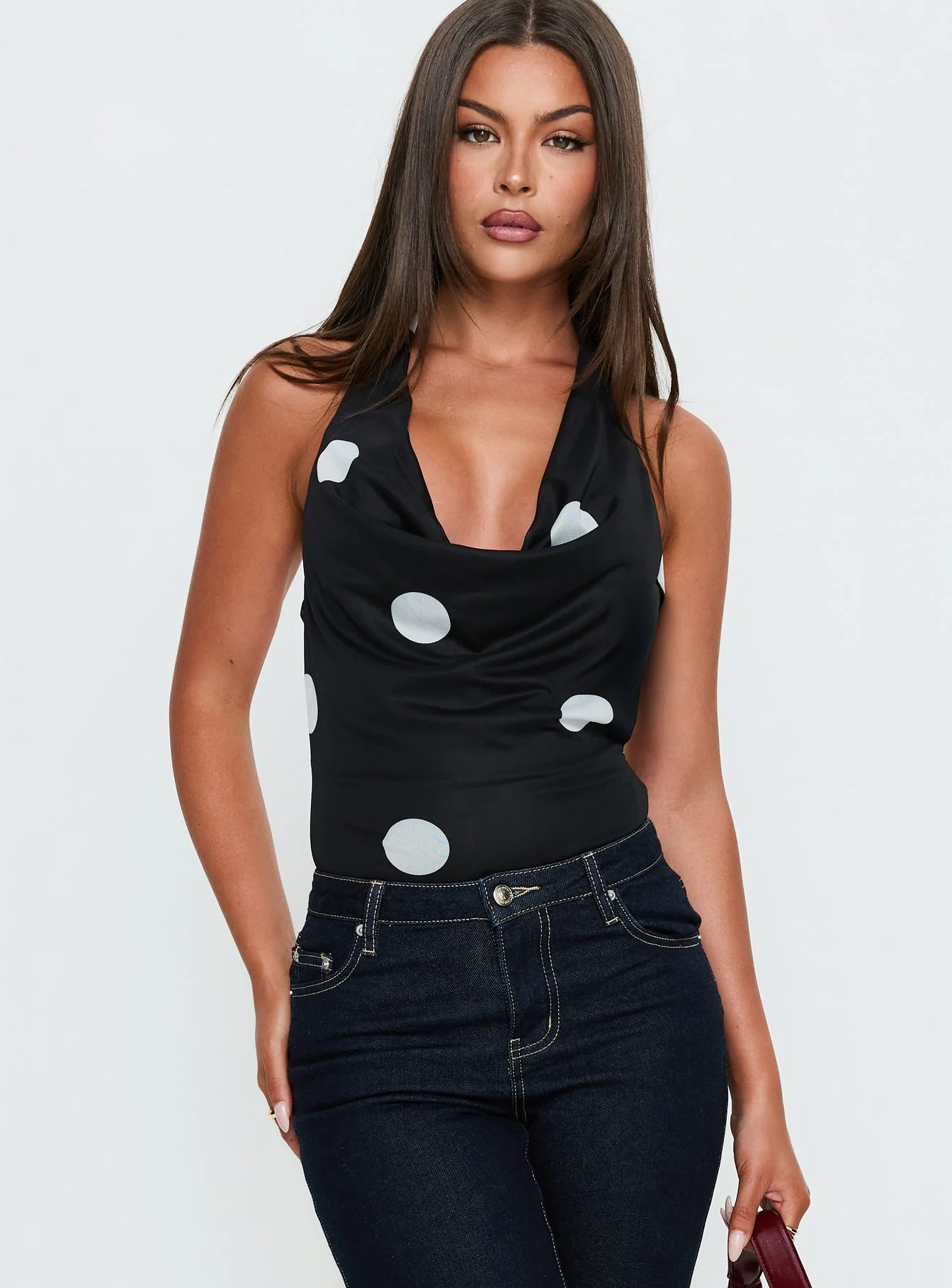 Cleona Plunge Neck Bodysuit Black Polka - Image 2