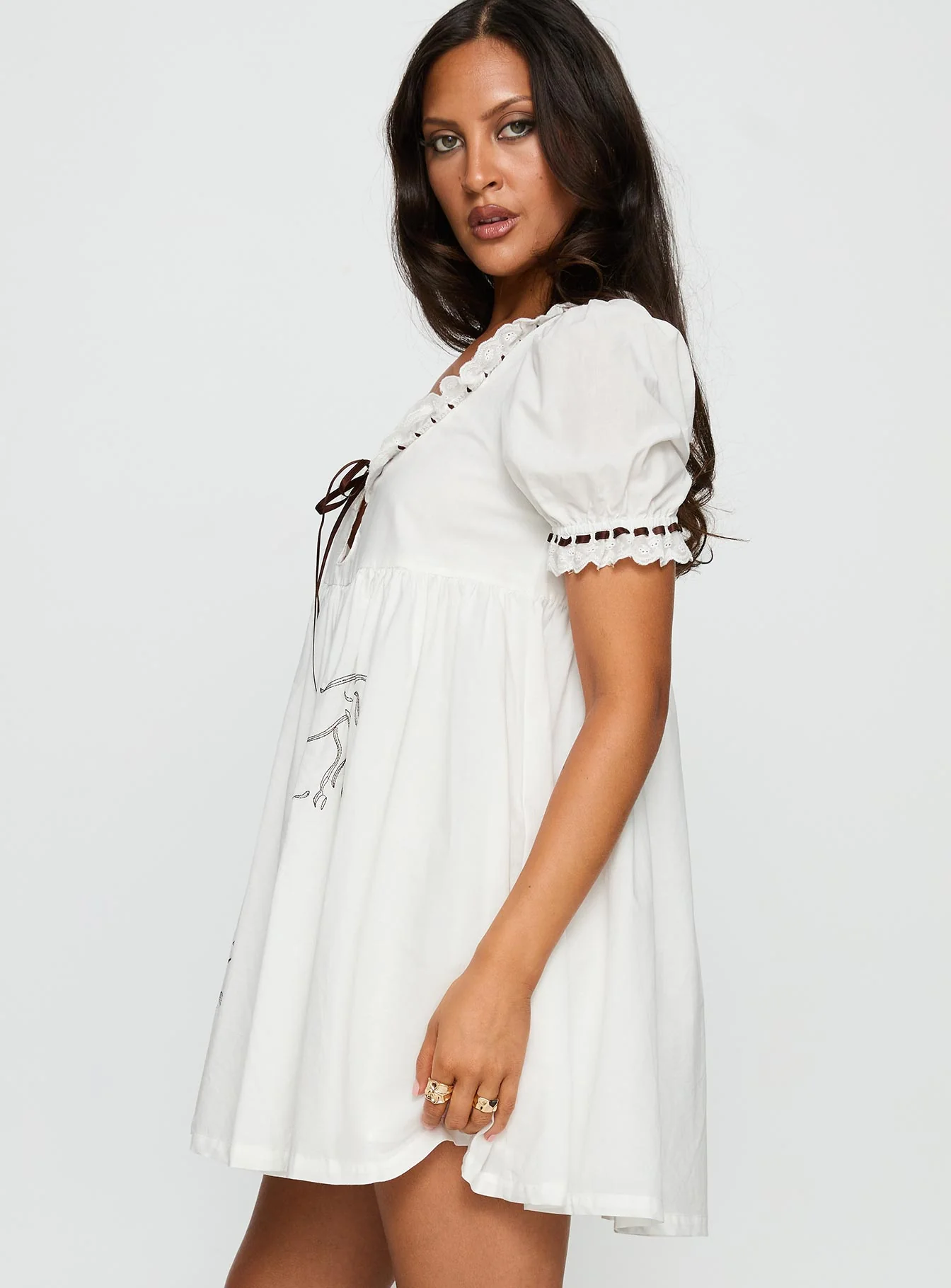 Cloudy Babydoll Contrast Trim Mini Dress White - Image 4