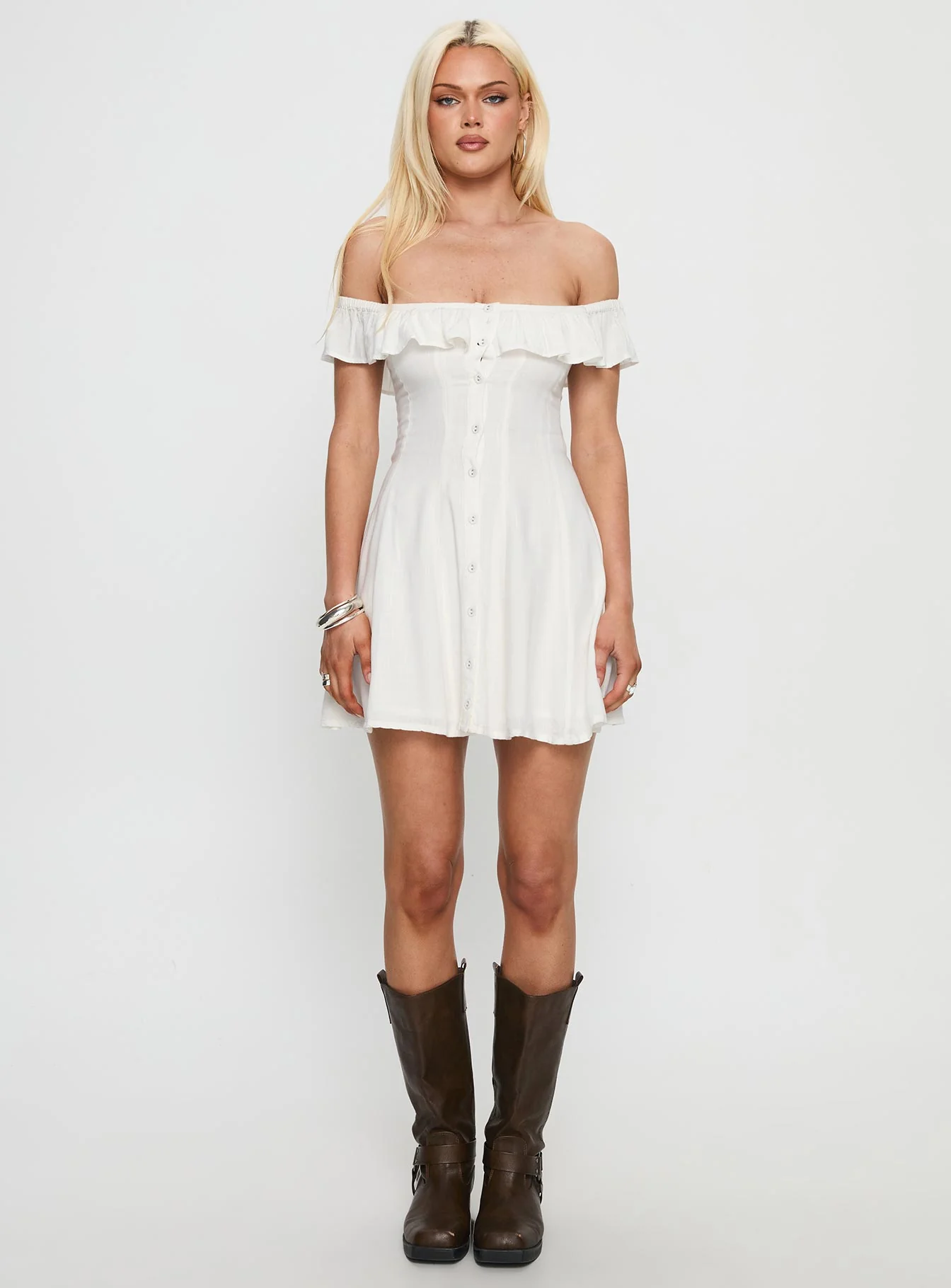 Corail Off Shoulder Frill Mini Dress White - Image 7