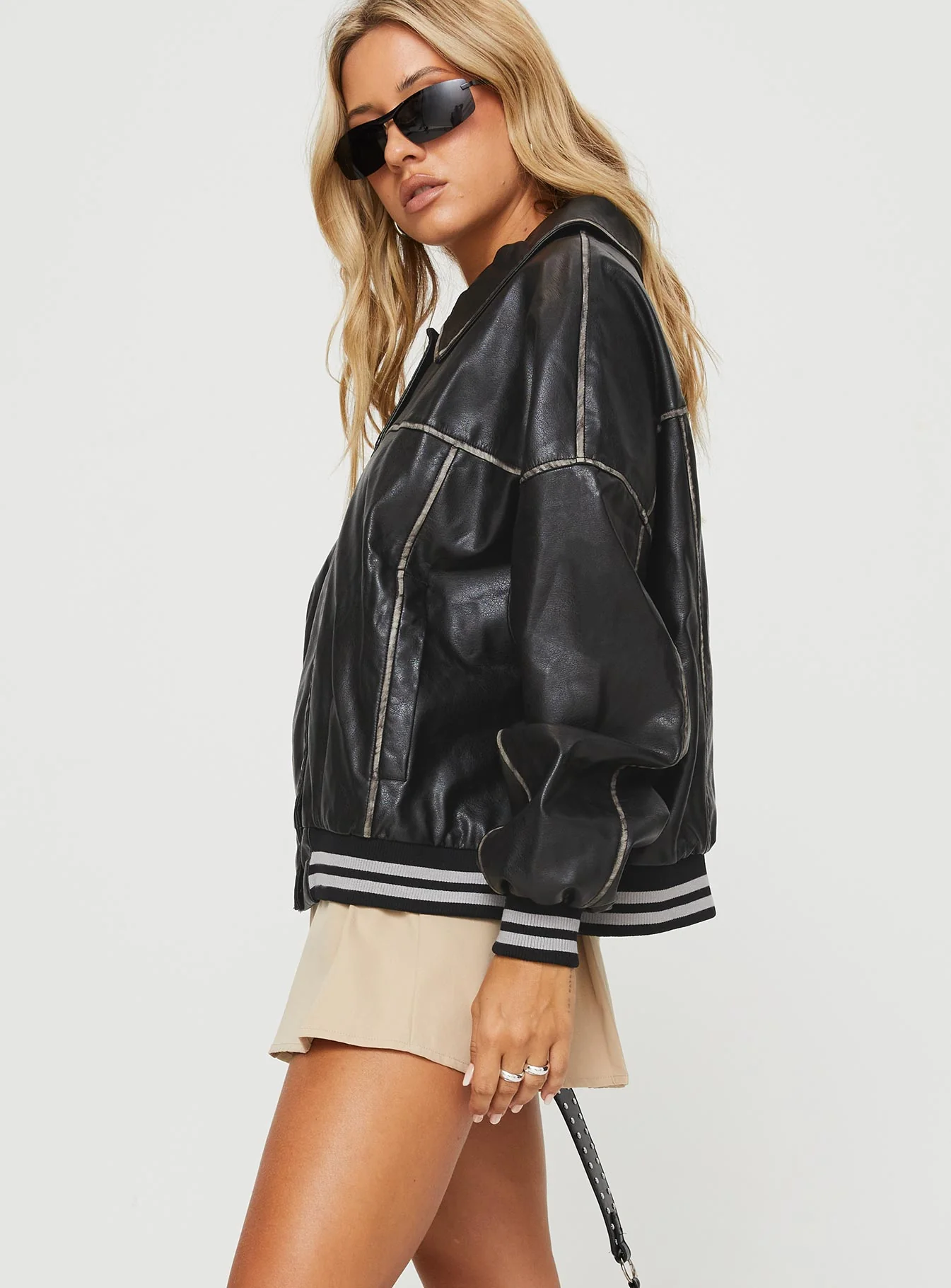 Cordae Faux Leather Jacket Washed Black - Image 4