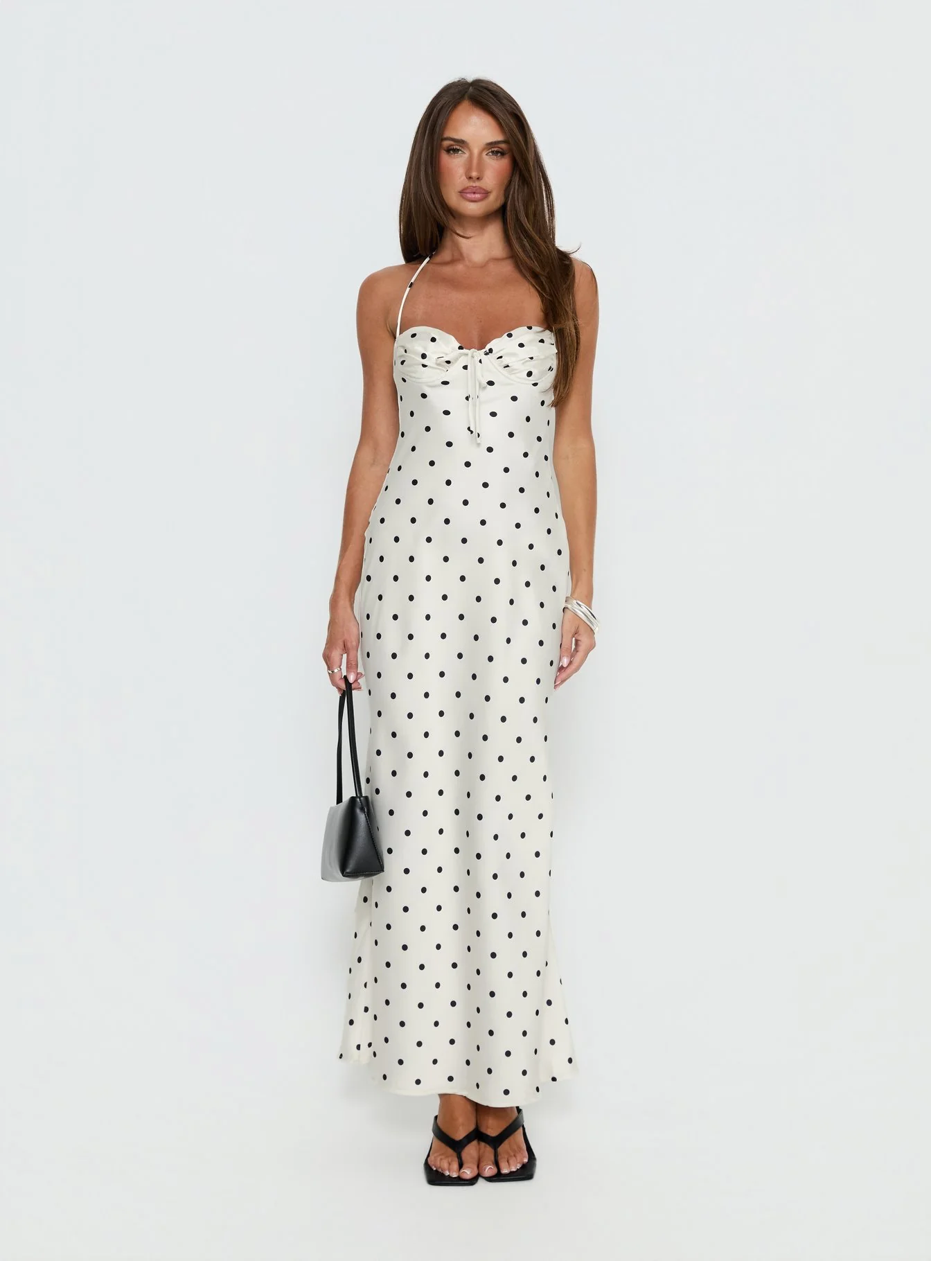 Costella Halter Satin Maxi Dress Cream Polka Dot - Image 7