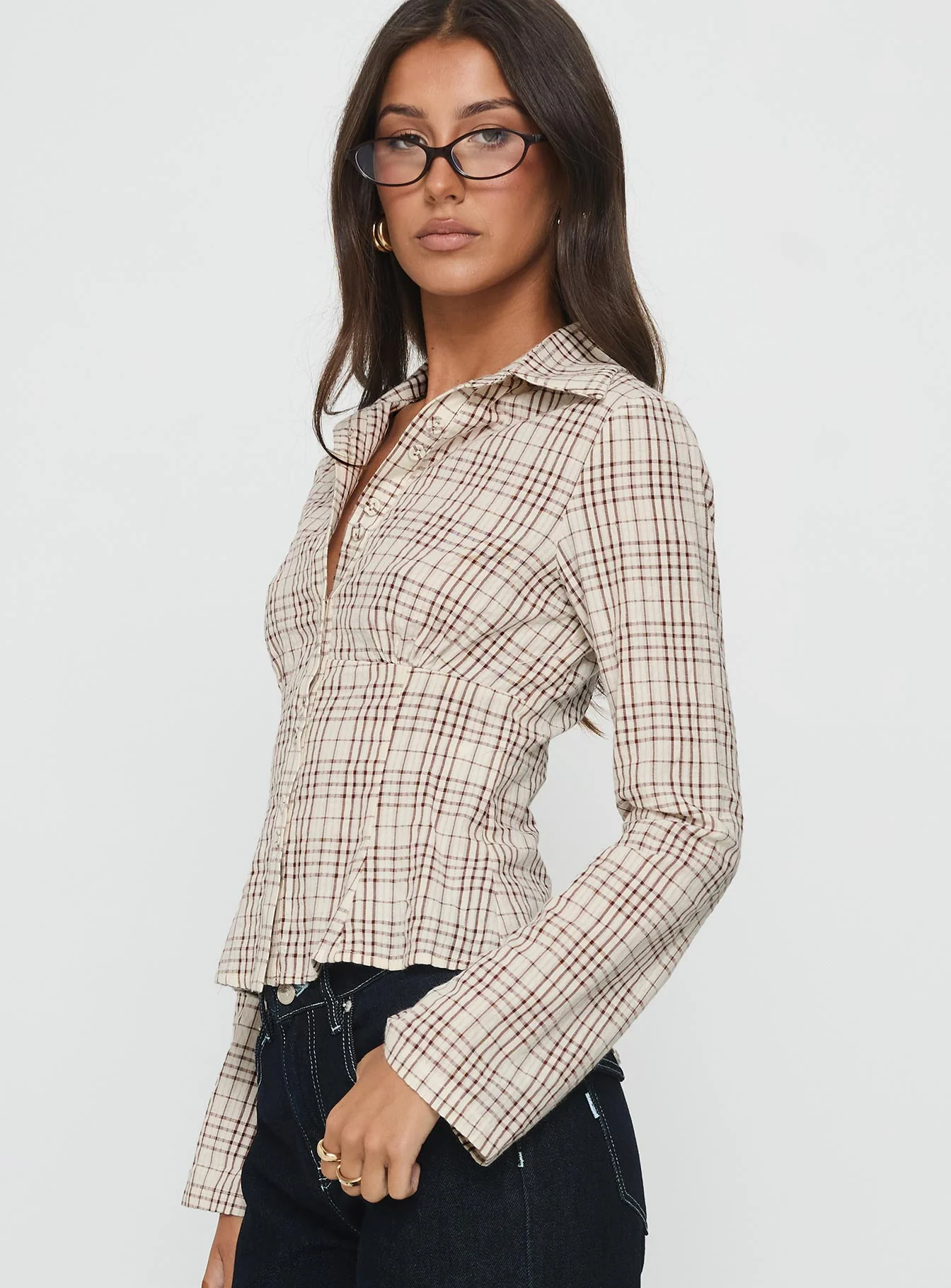 Cottesloe Long Sleeve Blouse Top Brown Check - Image 4