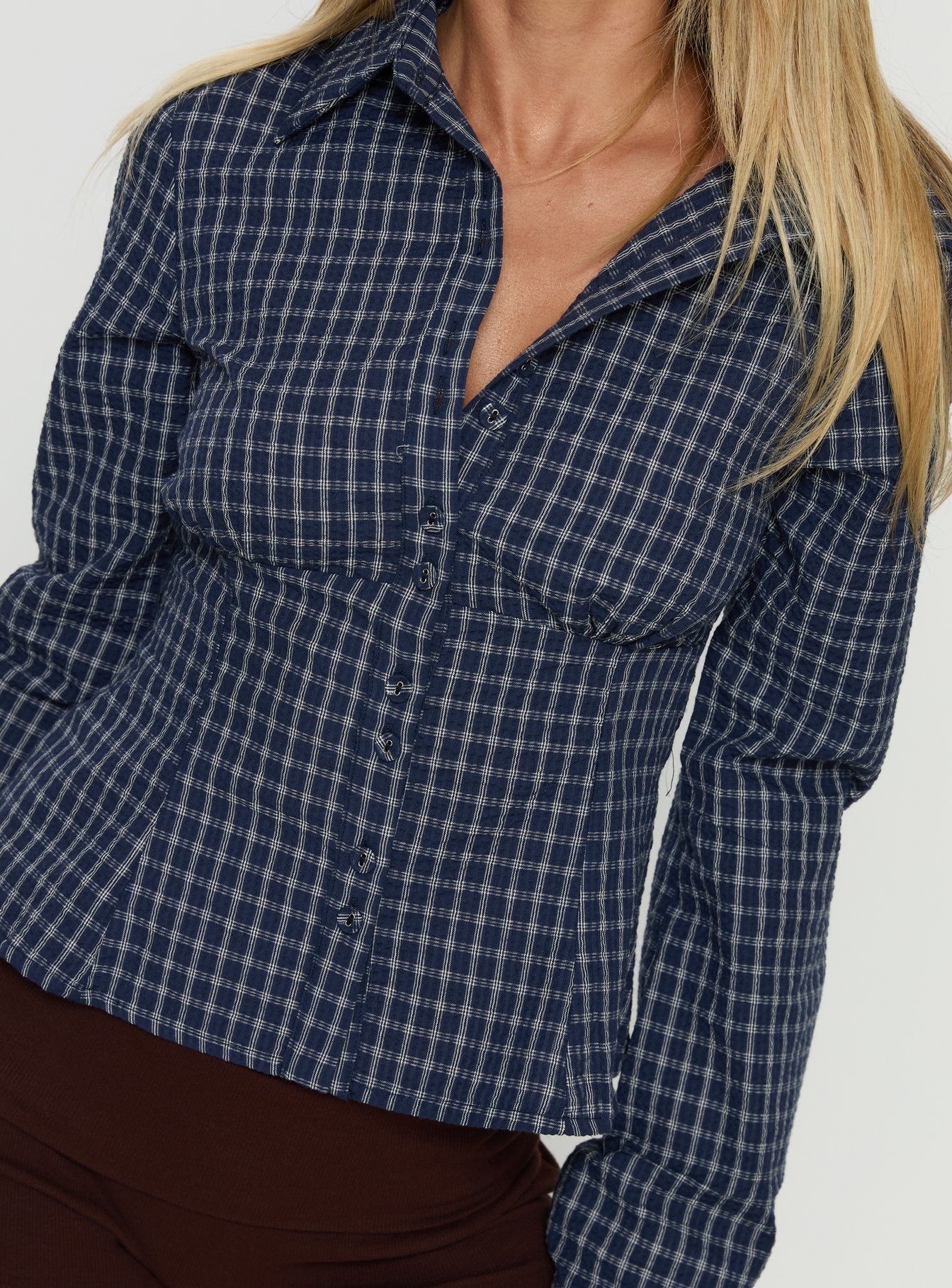 Cottesloe Long Sleeve Blouse Top Navy Check - Image 6