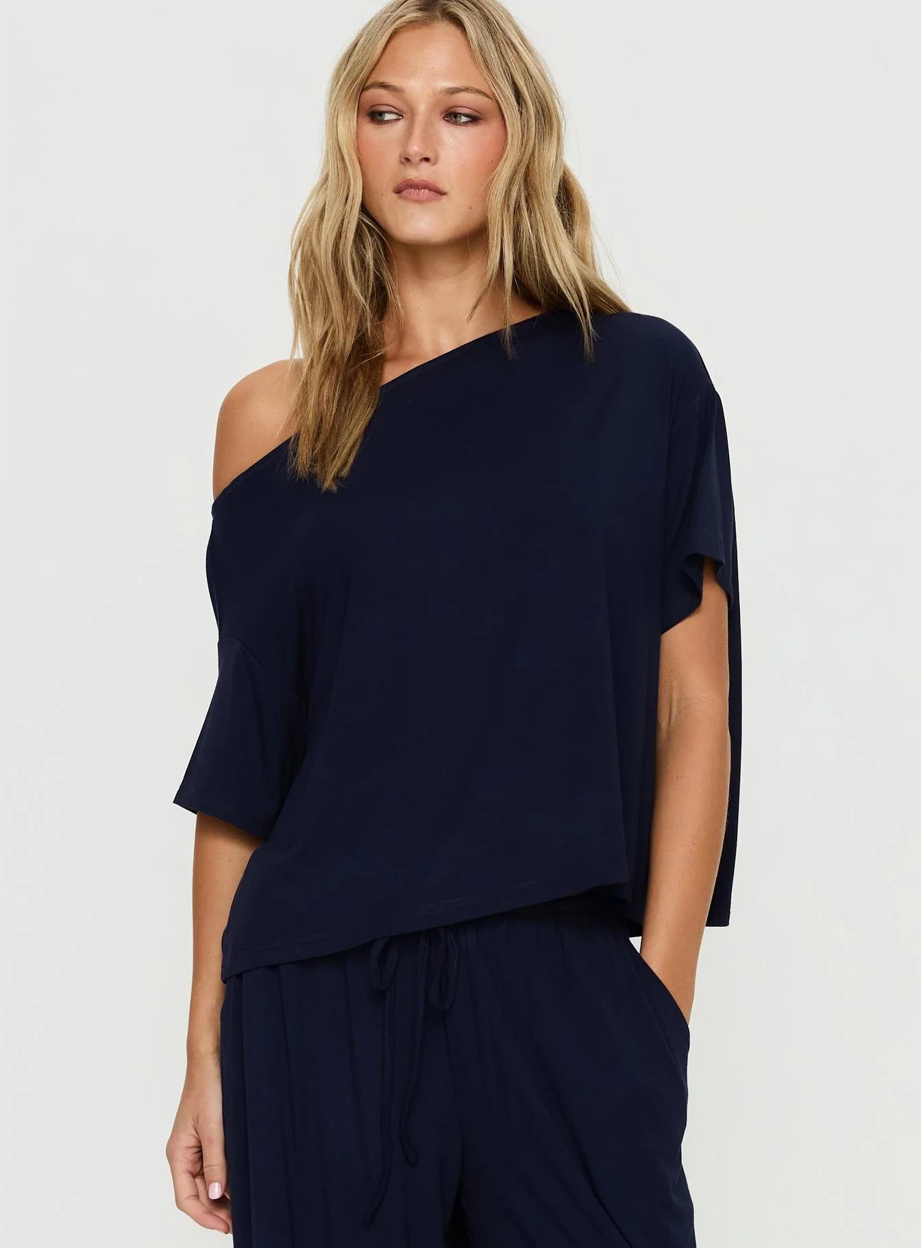 Cozy Hour Sleep Relaxed Off Shoulder Top Navy - Image 2