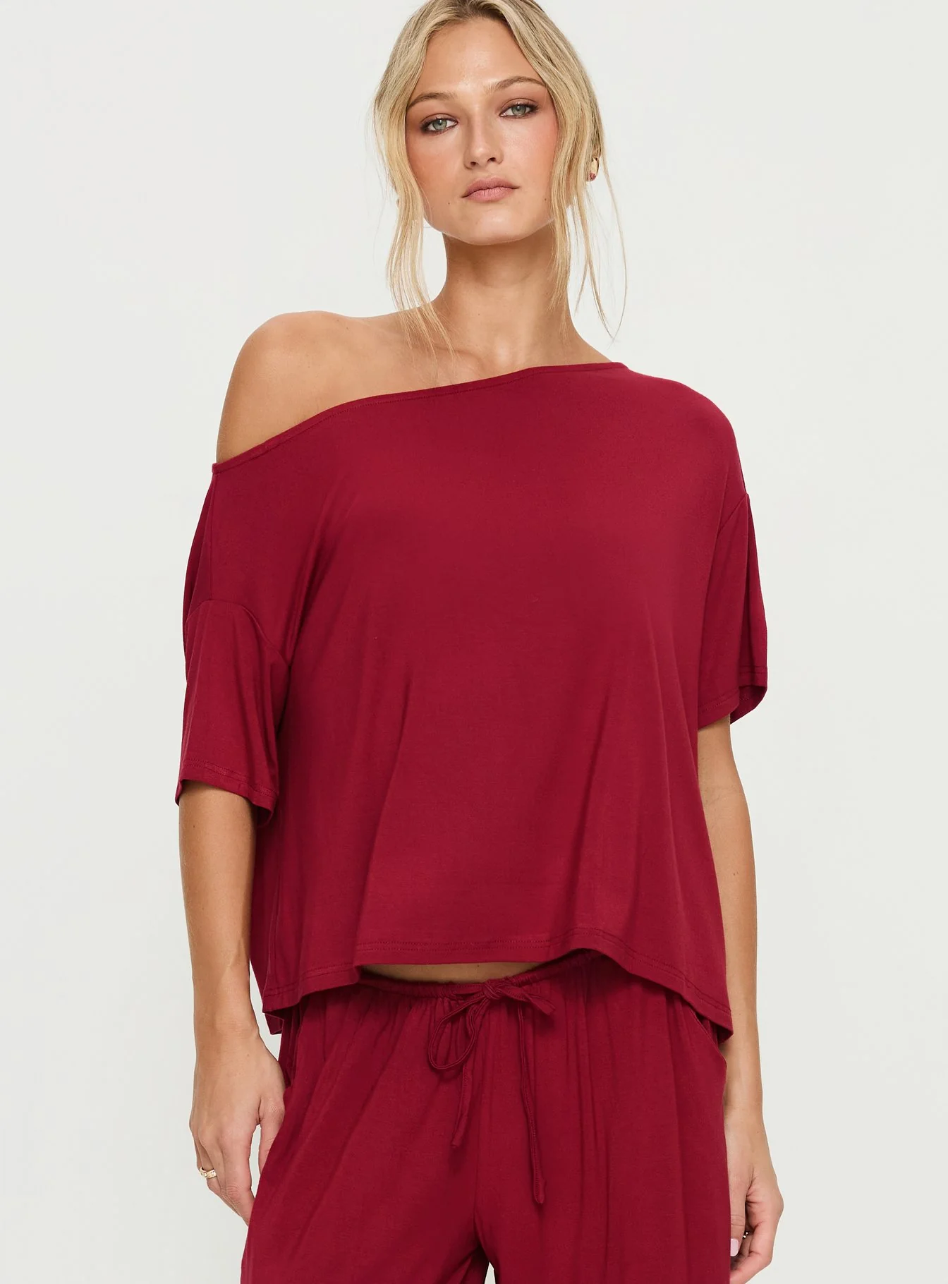 Cozy Hour Sleep Relaxed Off Shoulder Top Red - Image 2