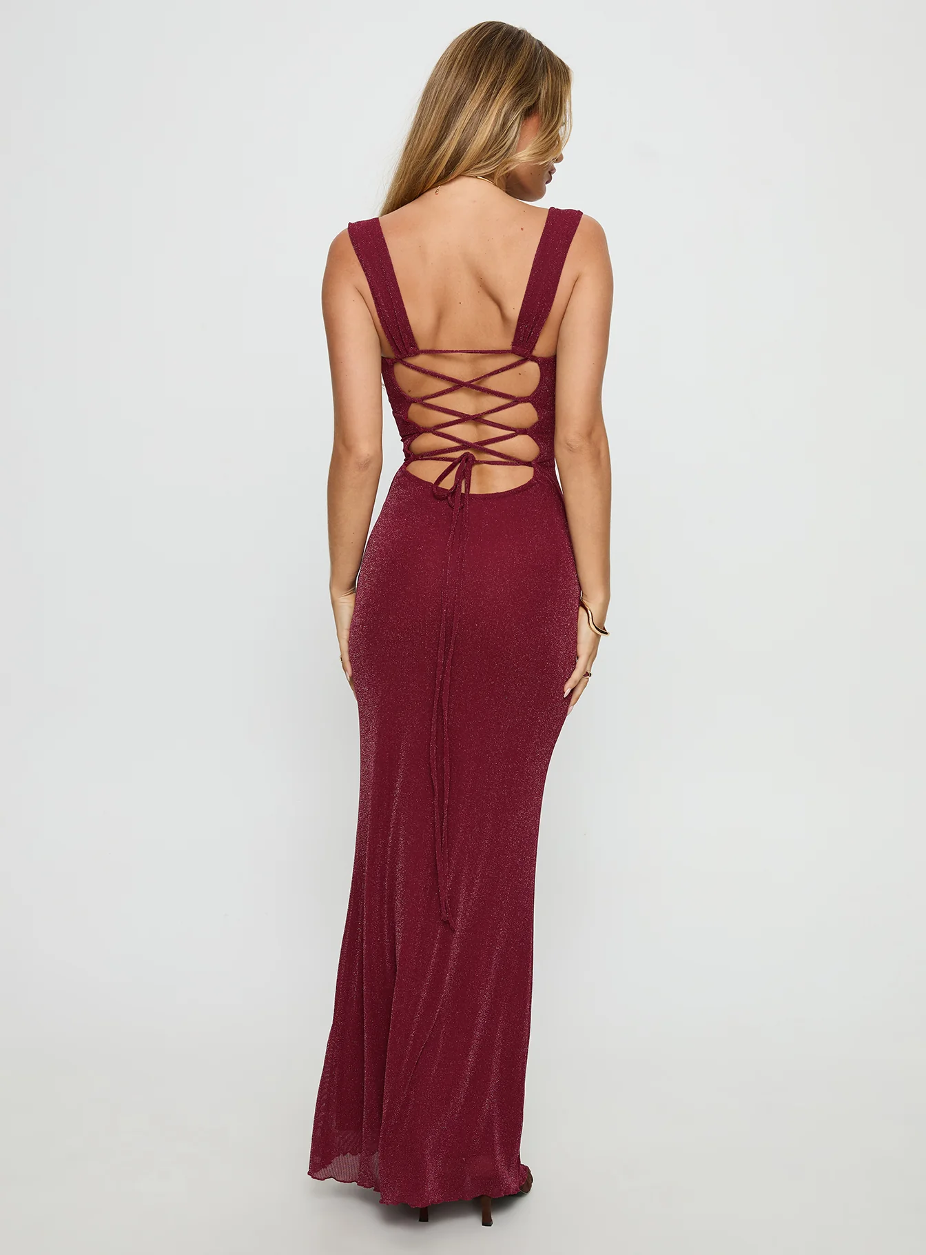 Crisanto Tie Up Ruched Maxi Dress Burgundy - Image 5