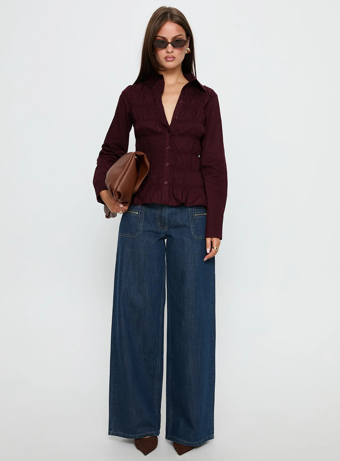 Cultivate Shirred Long Sleeve Top Plum - Image 6