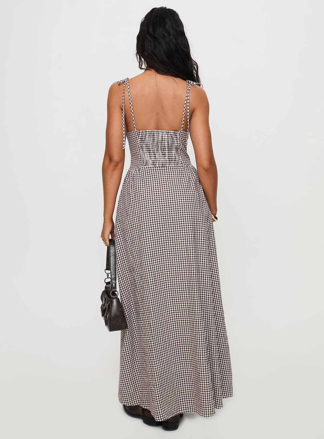 Dalanie Tie Strap Maxi Dress Brown Gingham - Image 4