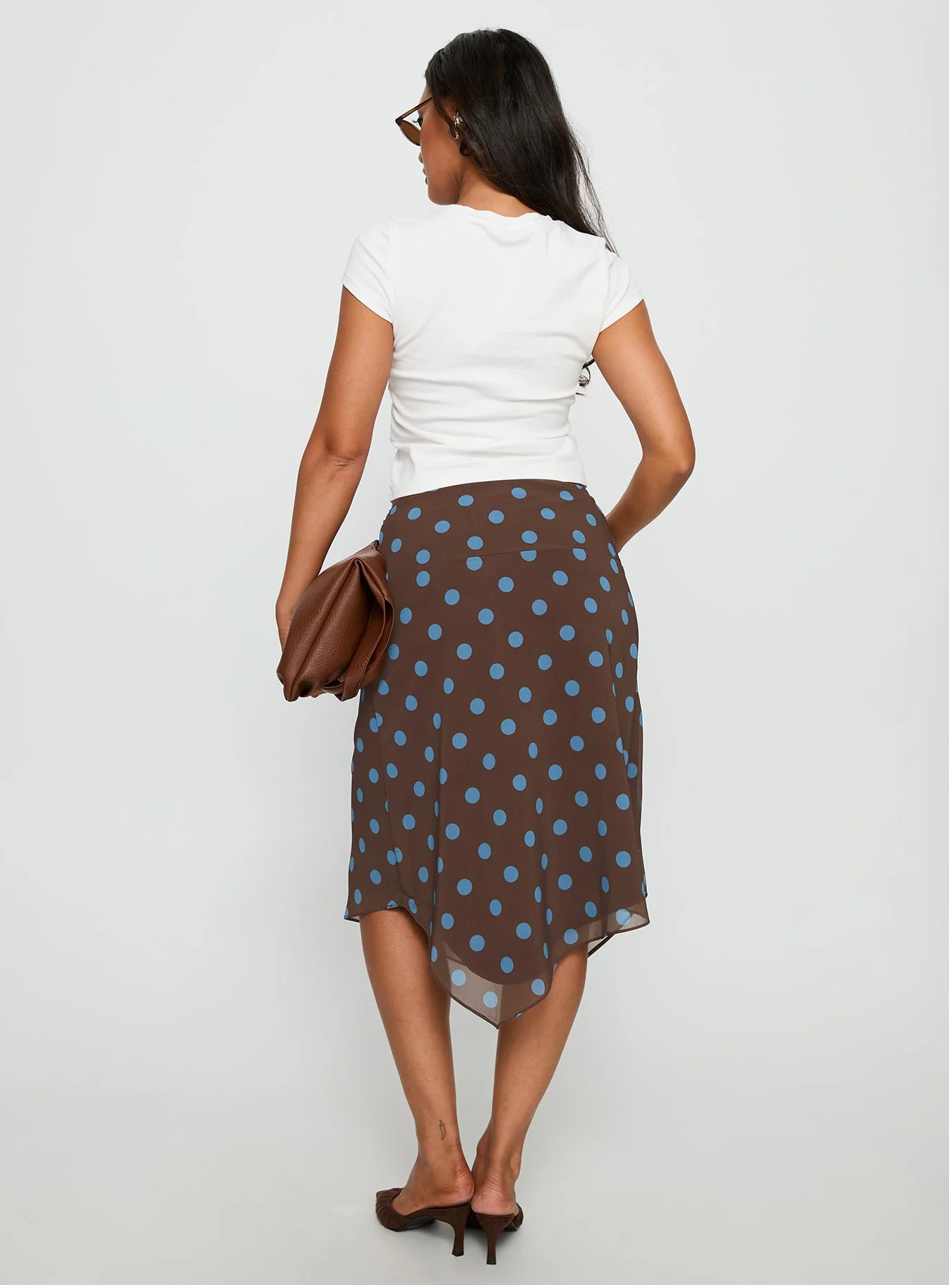 Daphene Asymmetrical Midi Skirt Brown / Blue Polka Dot - Image 5
