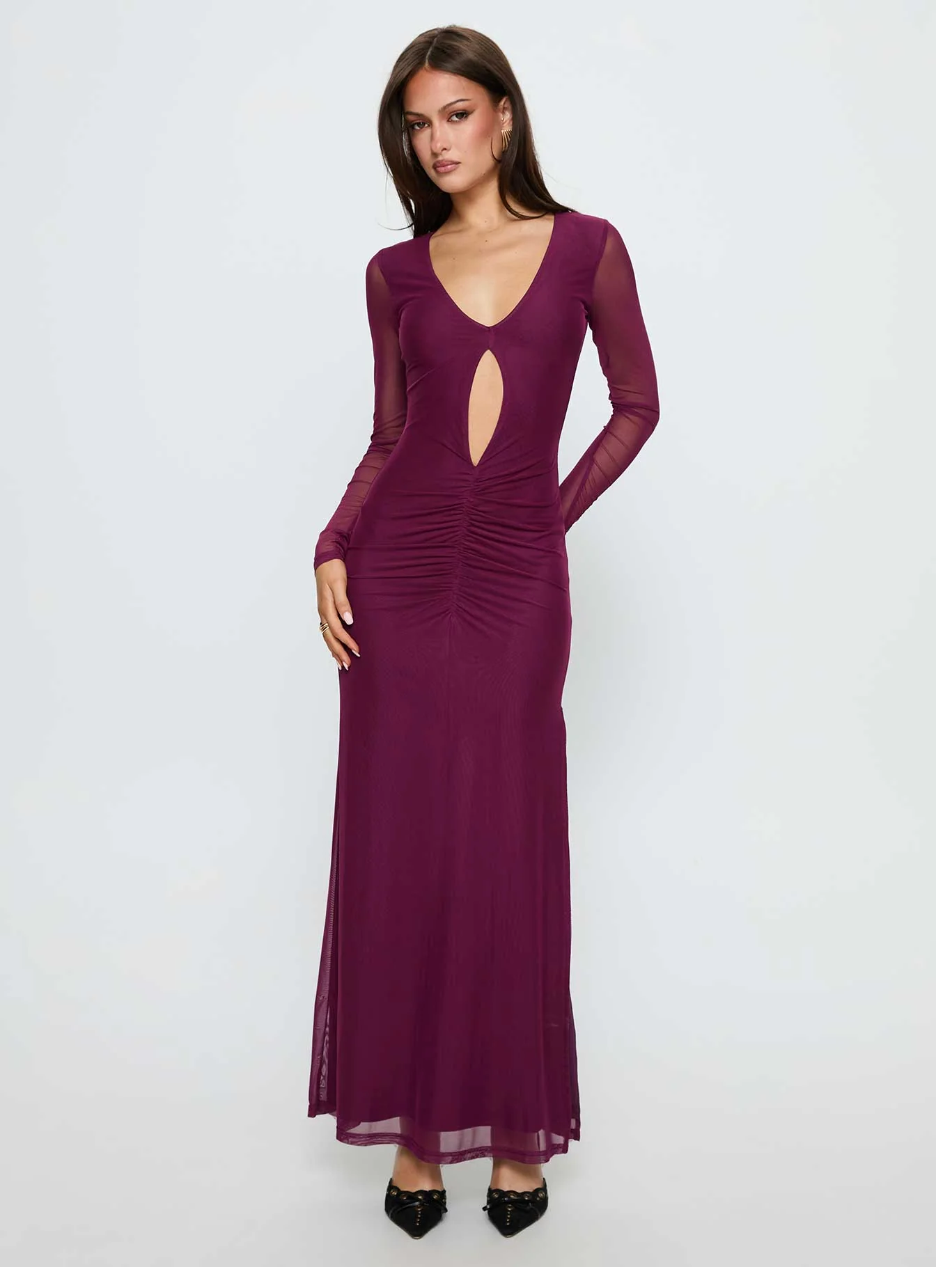 Darkside Long Sleeve Cut Out Plunge Maxi Dress Plum - Image 2