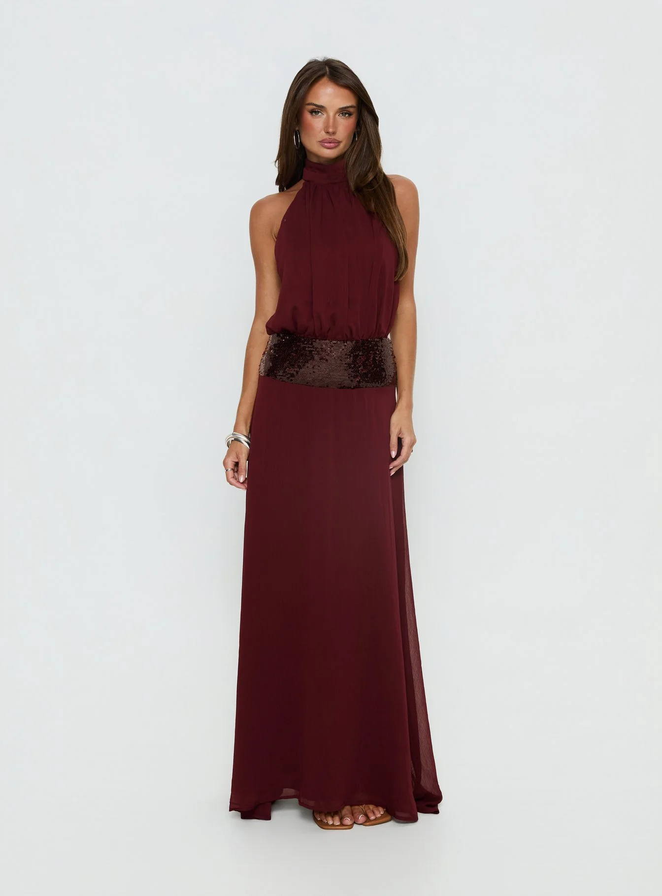 Darwinn Drop Waist Sequin Detail Maxi Dress Burgundy - Image 7