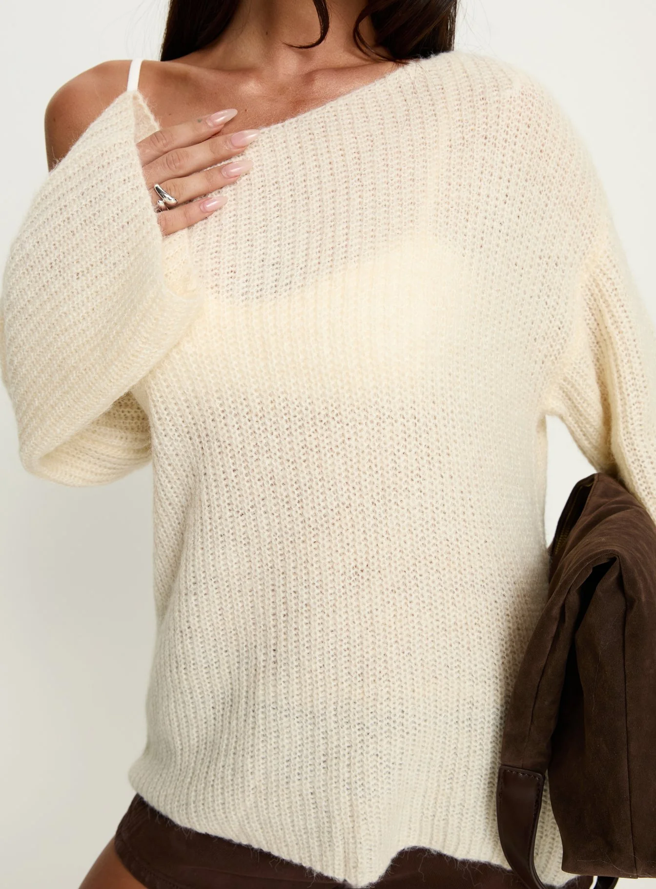 Delyn Off Shoulder Slouchy Knit Sweater Cream - Image 6