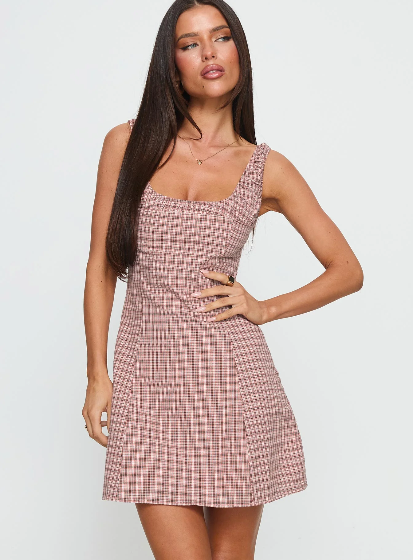Denley Cinched Mini Dress Pink Check - Image 2