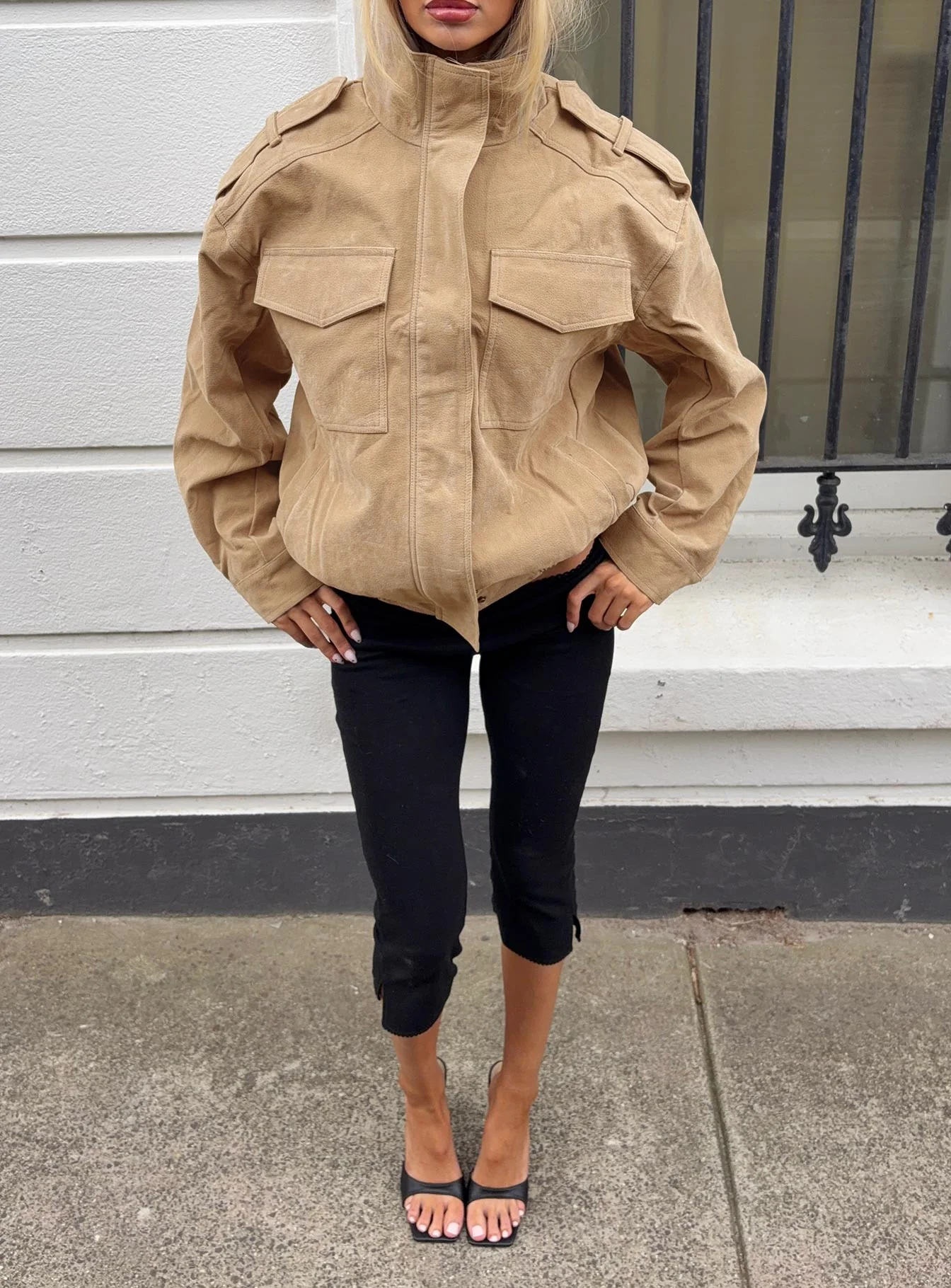 Double Life Funnel Neck Cargo Jacket Beige - Image 11