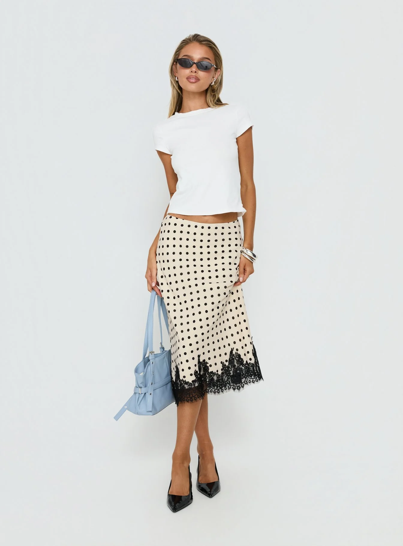 Downtown Scene Lace Trim Maxi Skirt Cream Polka - Image 2