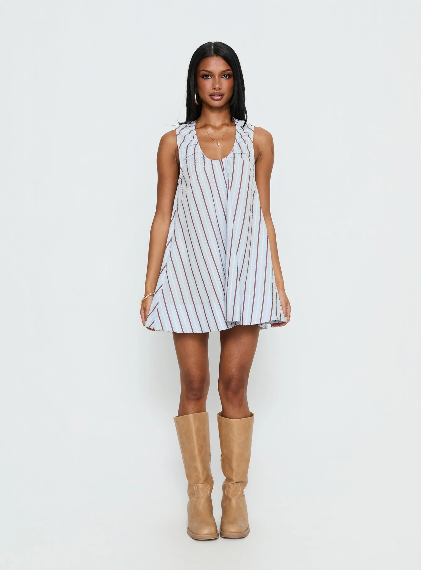 Eberta Ruched Baby Doll Mini Dress Blue Stripe - Image 4