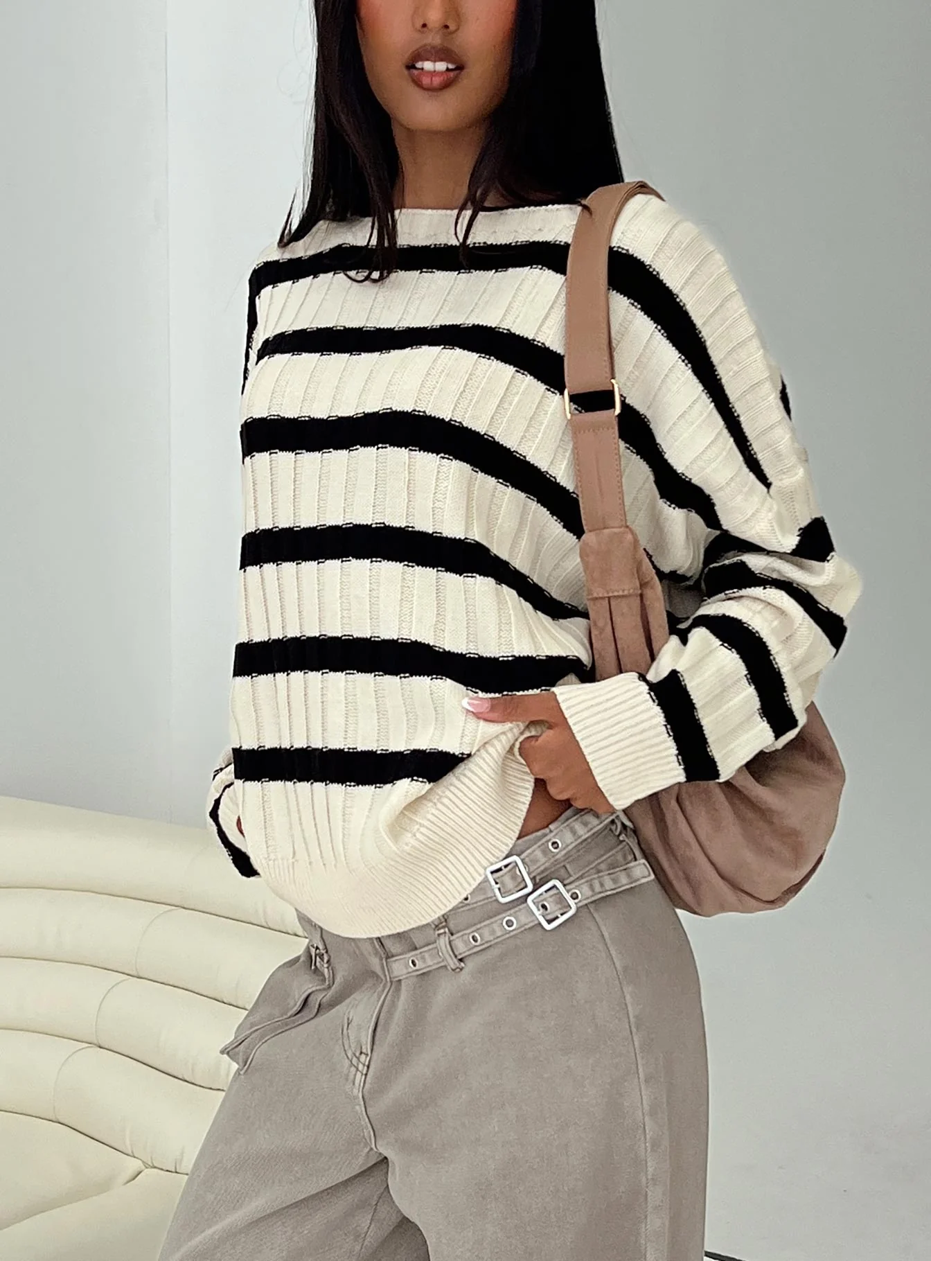 Elenita Wide Neck Knit Sweater Black / White - Image 8